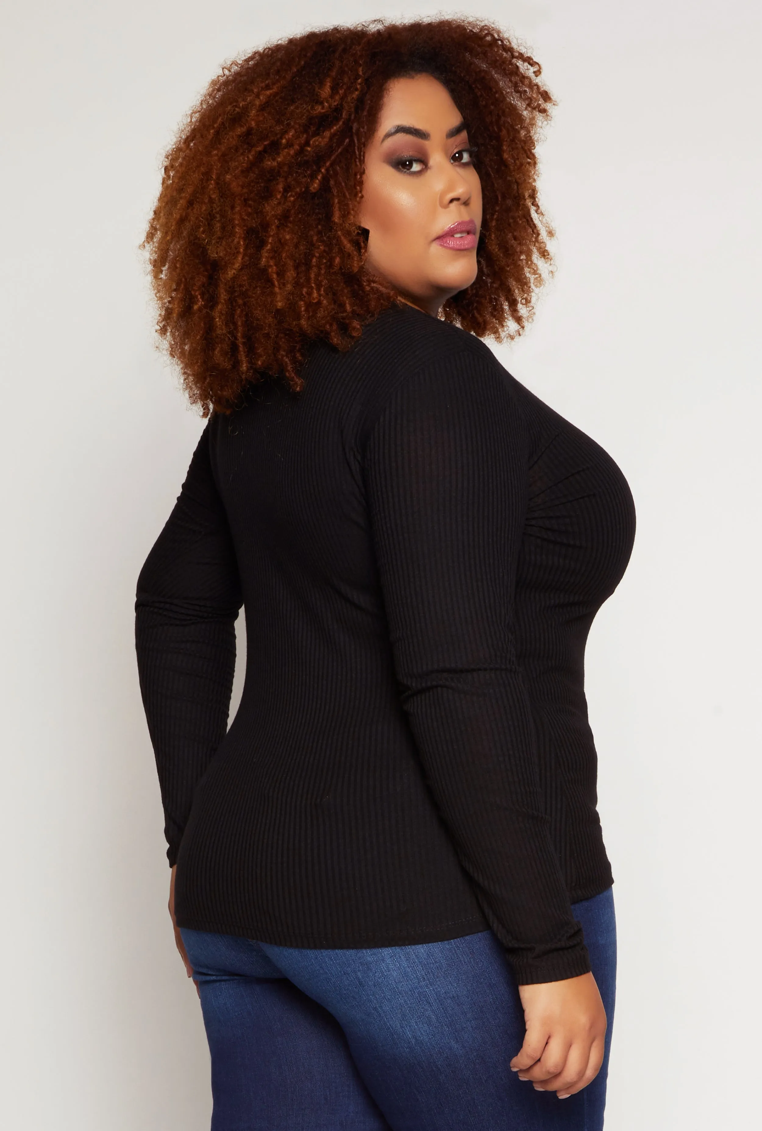 Plus Size Rib Knit V Neck Long Sleeve Top sold by Rainbow product image thumbnail 3