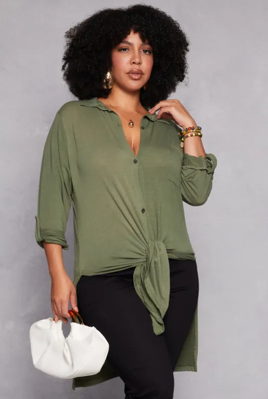 Plus Size Tabbed Sleeve Button Front Tunic Shirt sold by Rainbow