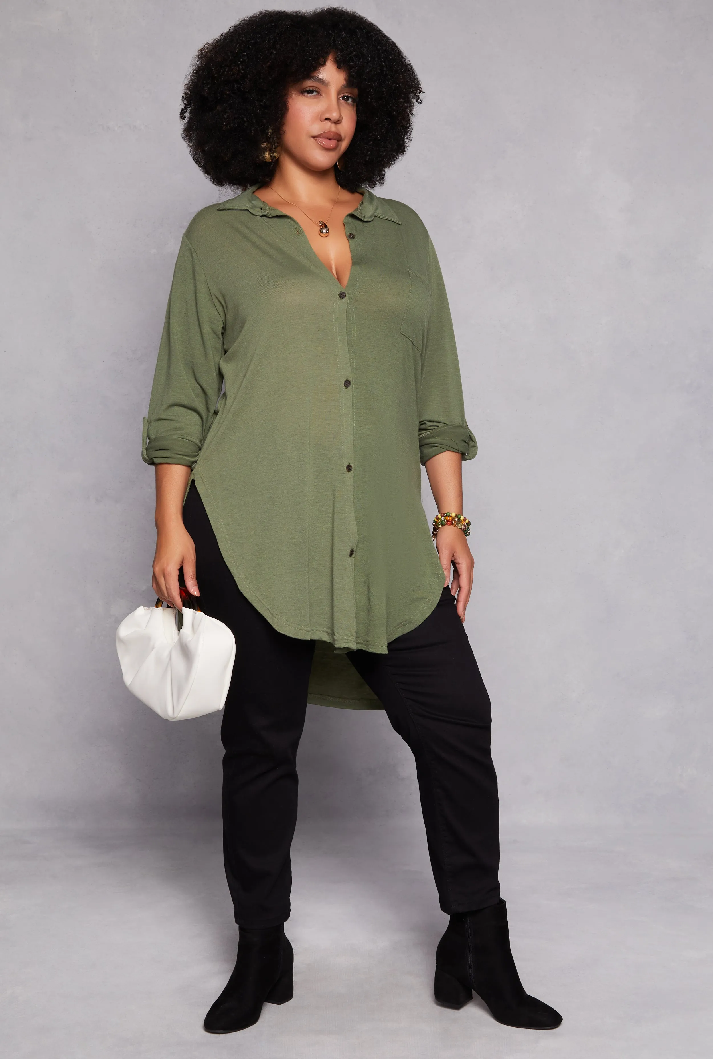 Plus Size Tabbed Sleeve Button Front Tunic Shirt sold by Rainbow product image thumbnail 2