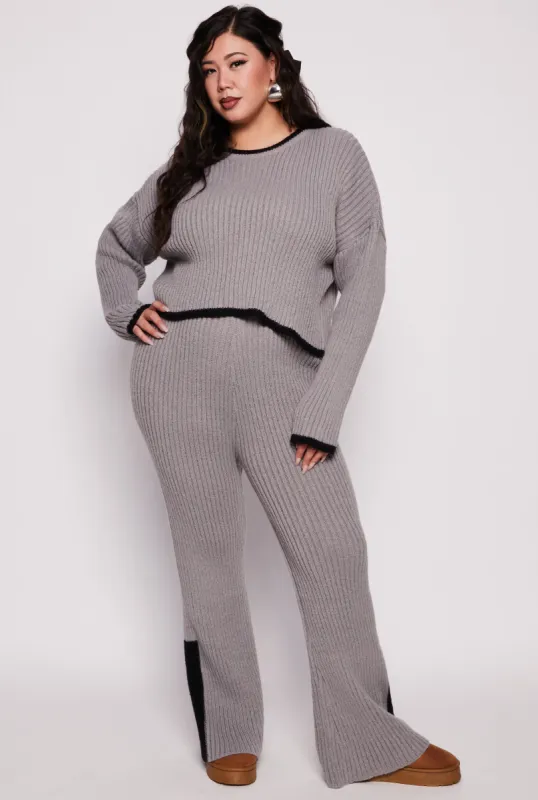 Plus Size Knit Contrast Stripe High Waist Flare Pants sold by Rainbow