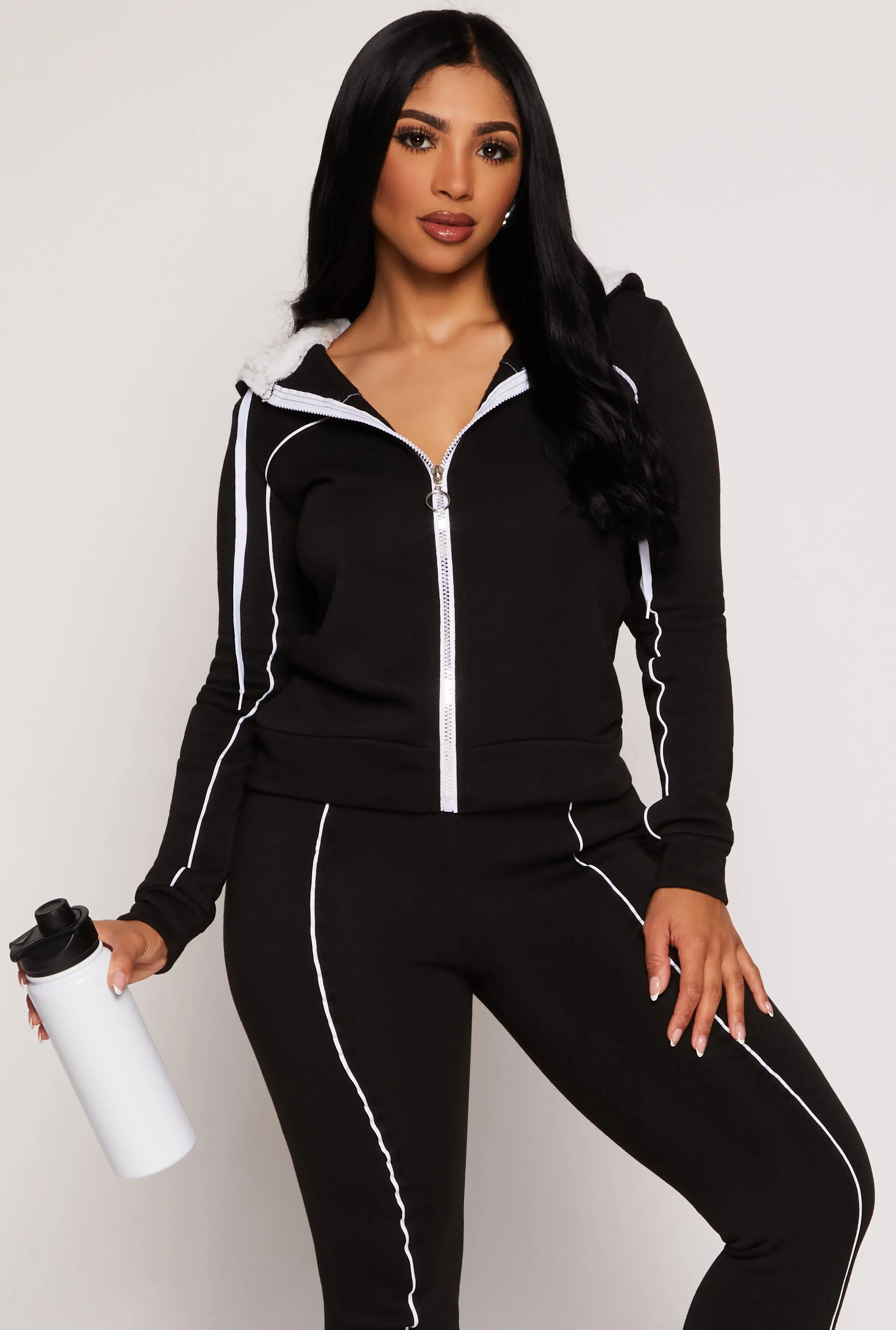 Contrast Piping Zip Sherpa Hooded Sweatshirt sold by Rainbow