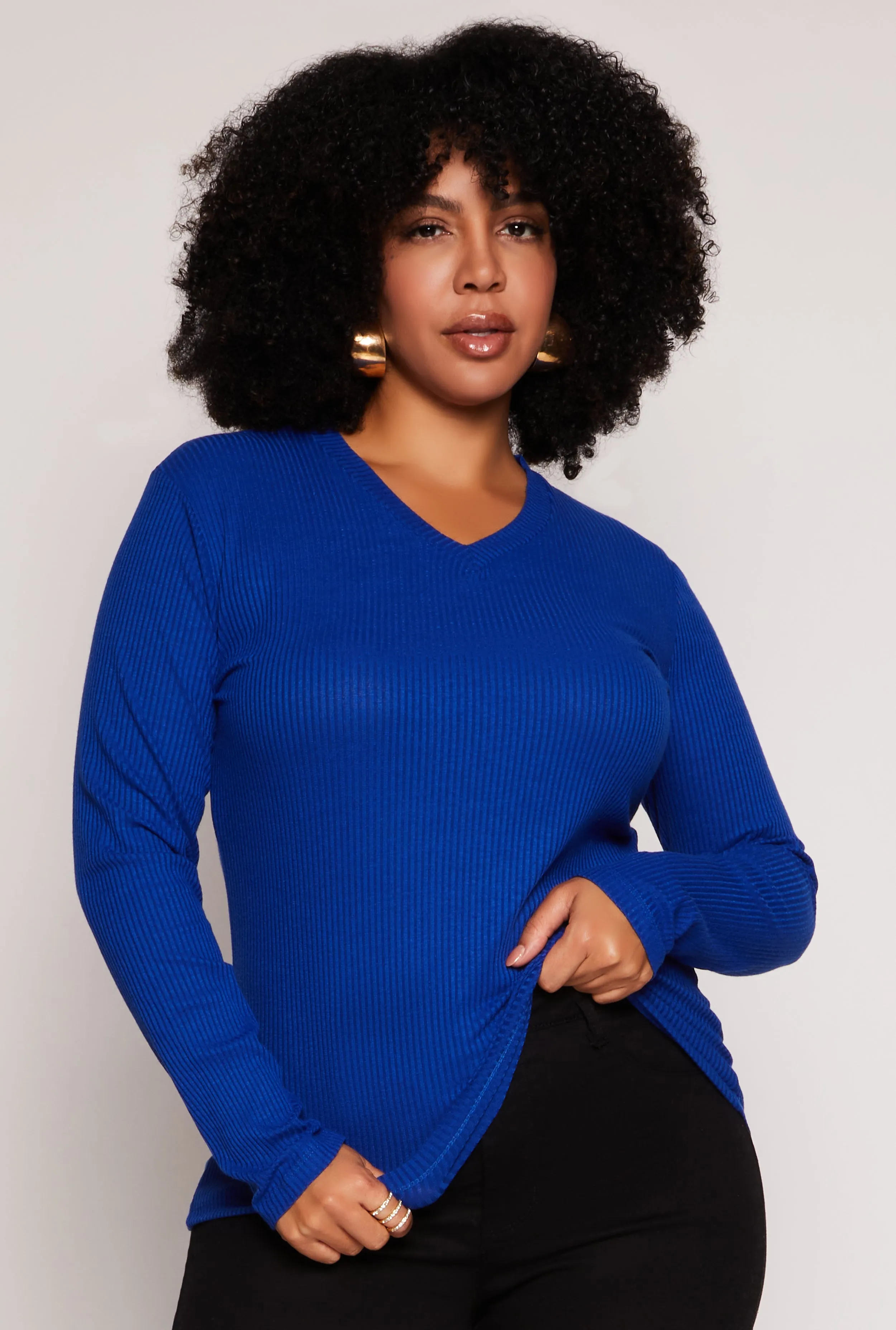 Plus Size Rib Knit V Neck Long Sleeve Top sold by Rainbow