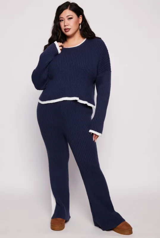 Plus Size Knit Contrast Stripe High Waist Flare Pants sold by Rainbow