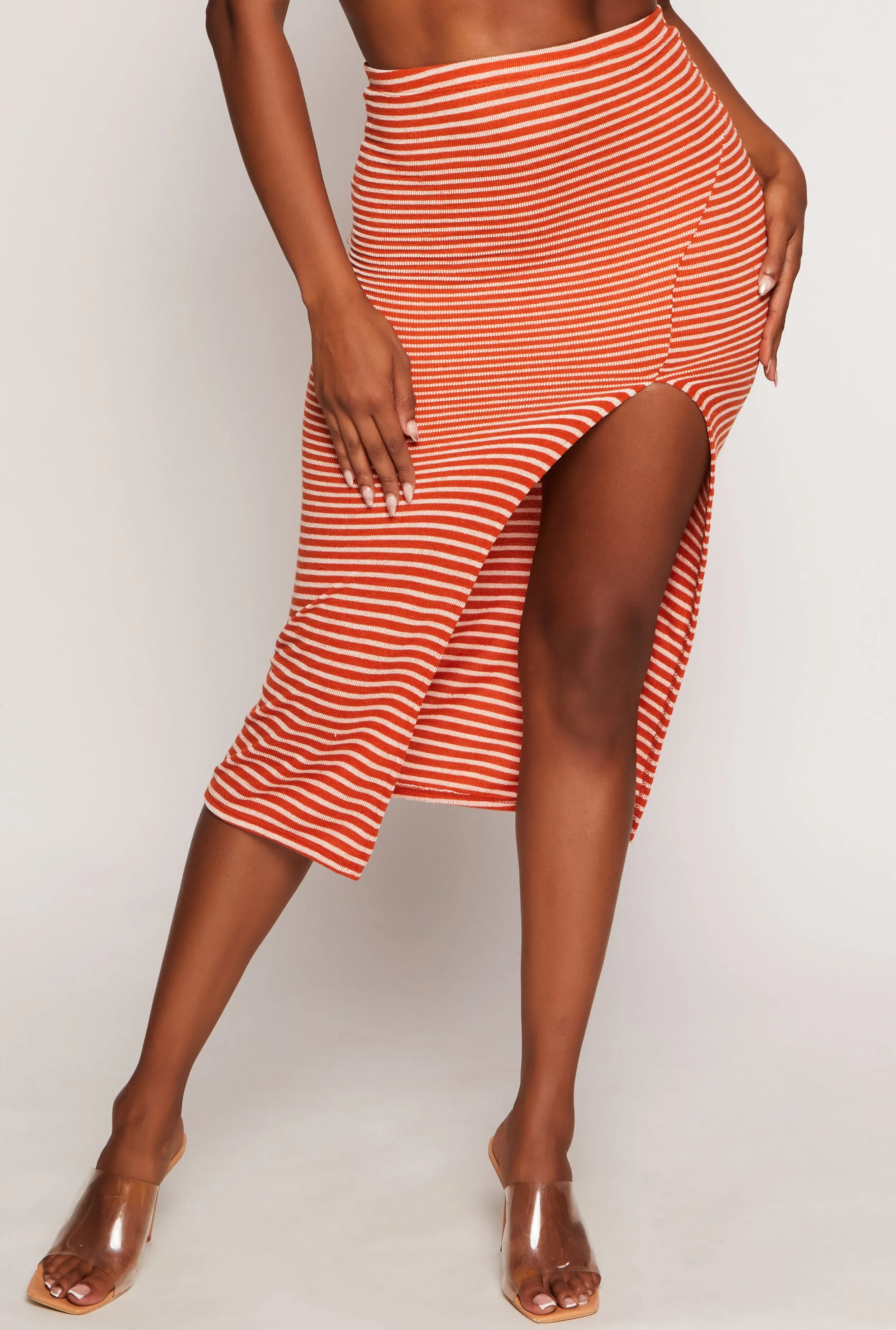 Ribbed Knit Striped Side Slit Midi Skirt sold by Rainbow product image thumbnail 2