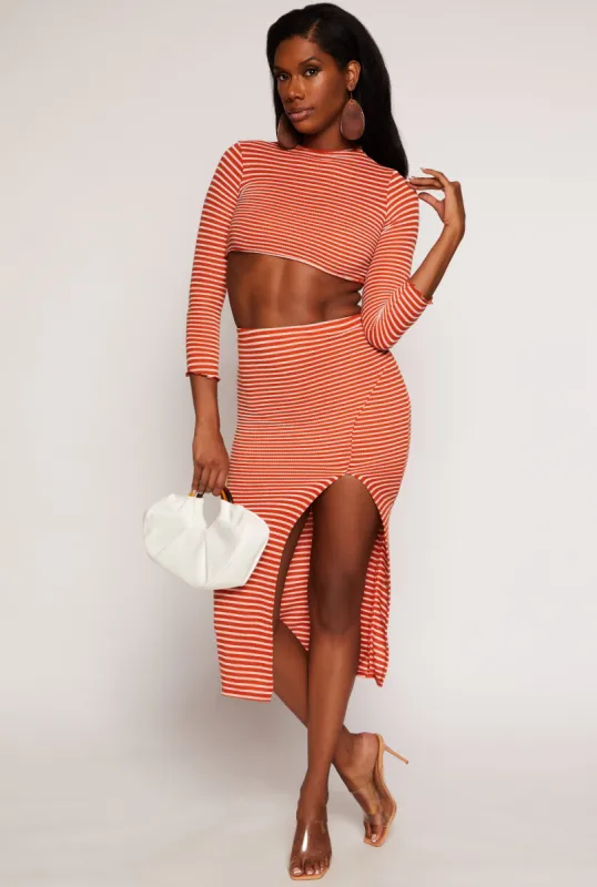 Ribbed Knit Striped Side Slit Midi Skirt sold by Rainbow