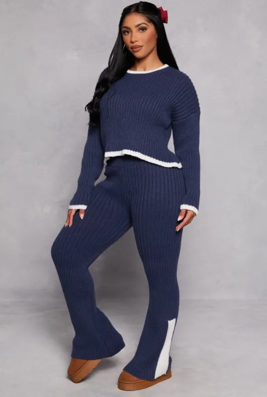 Knit Contrast Stripe High Waist Flare Pants sold by Rainbow