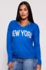New York Graphic Distressed V Neck Sweater sold by Rainbow