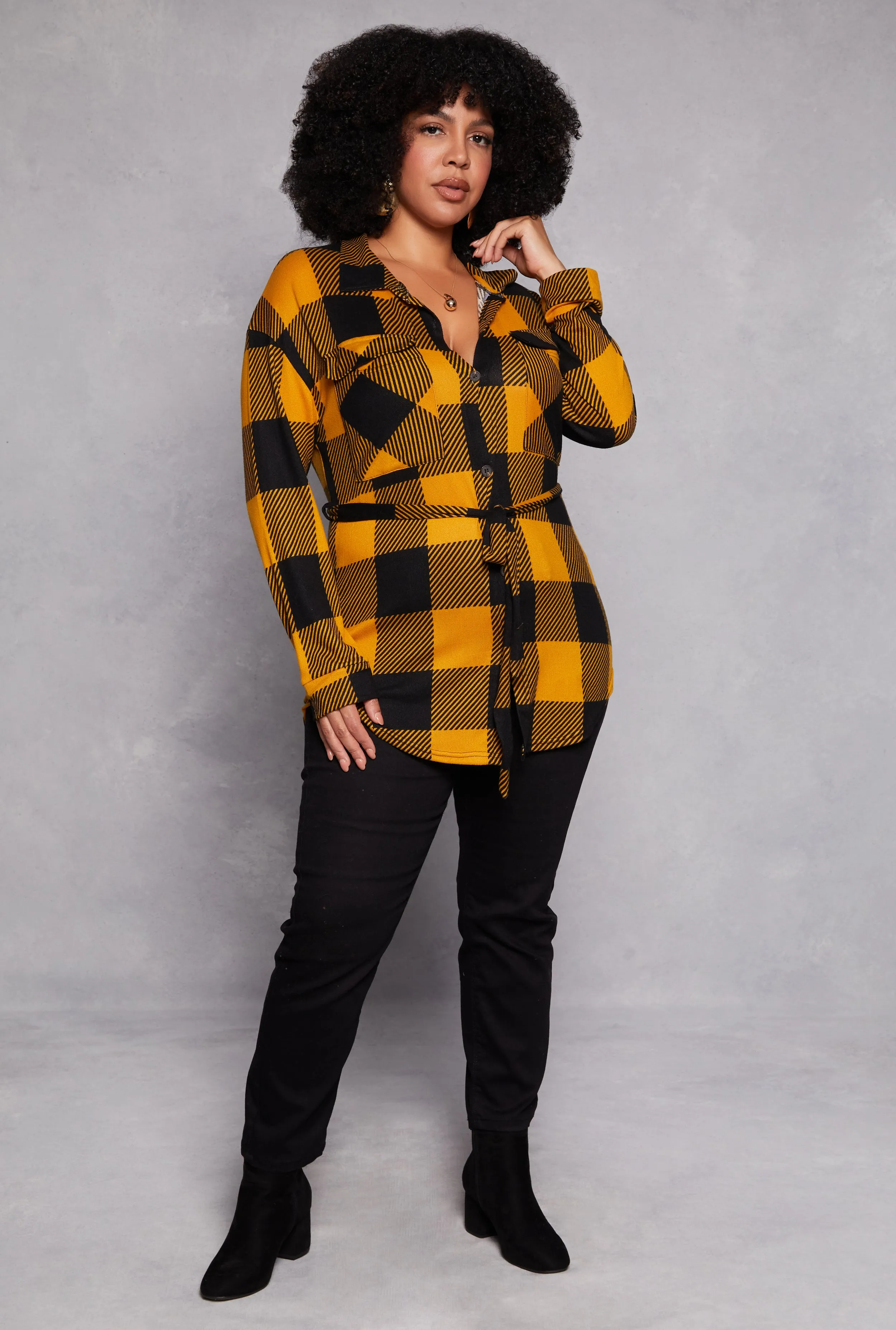 Plus Size Buffalo Plaid Tie Waist Belted Shirt sold by Rainbow product image thumbnail 2