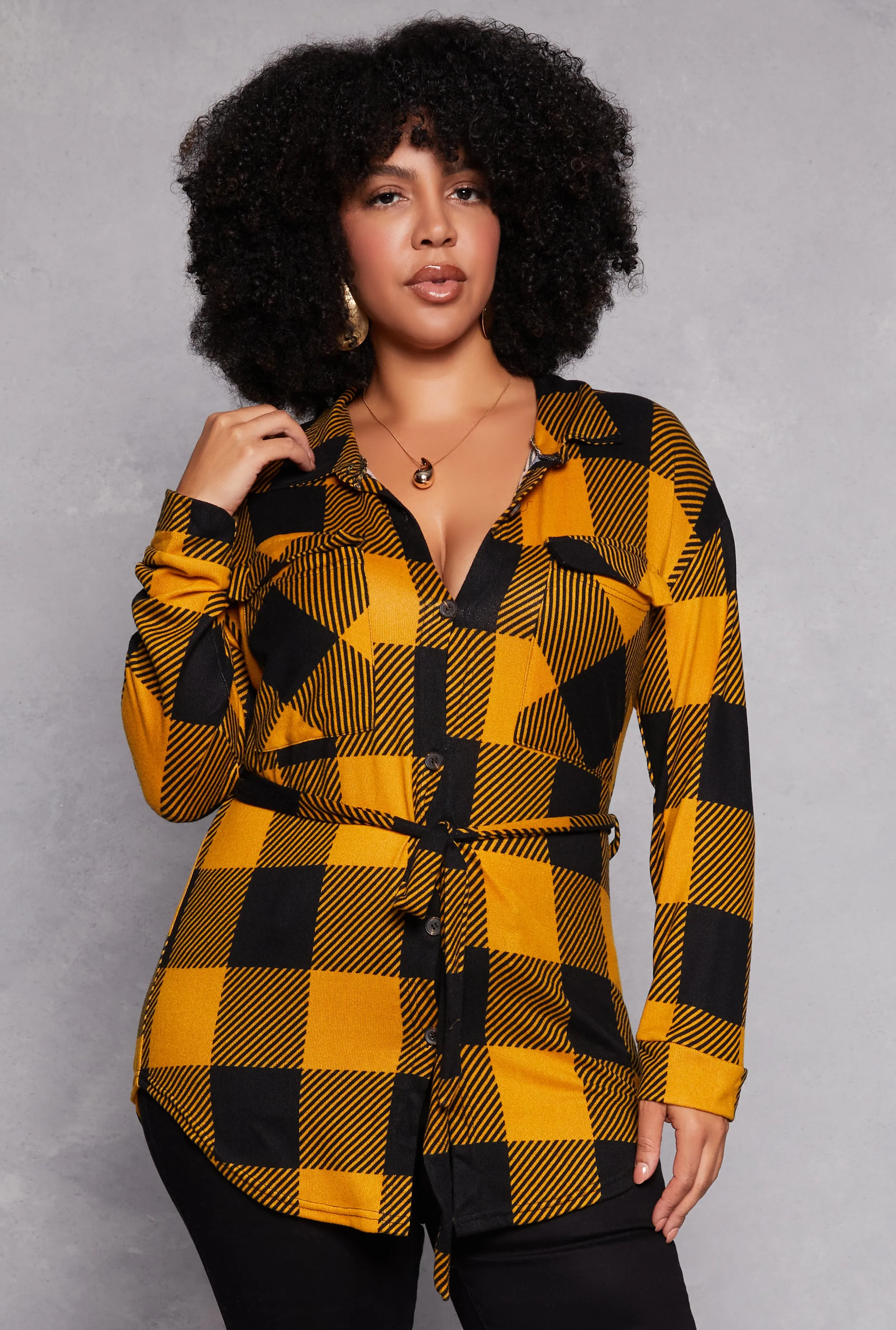Plus Size Buffalo Plaid Tie Waist Belted Shirt sold by Rainbow