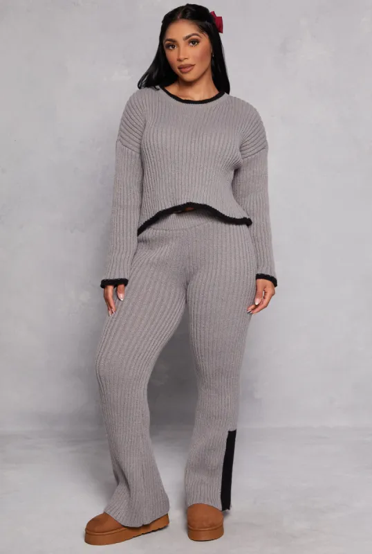 Knit Contrast Stripe High Waist Flare Pants sold by Rainbow