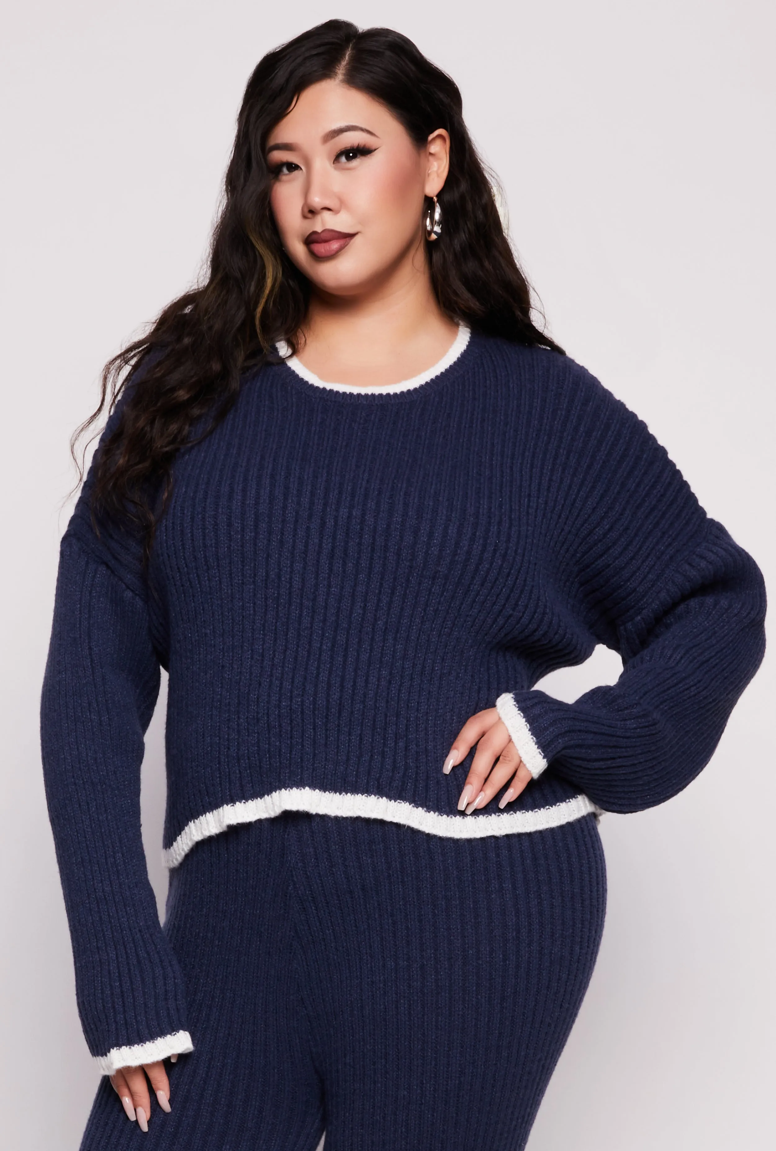 Plus Size Contrast Trim Knit Sweater sold by Rainbow