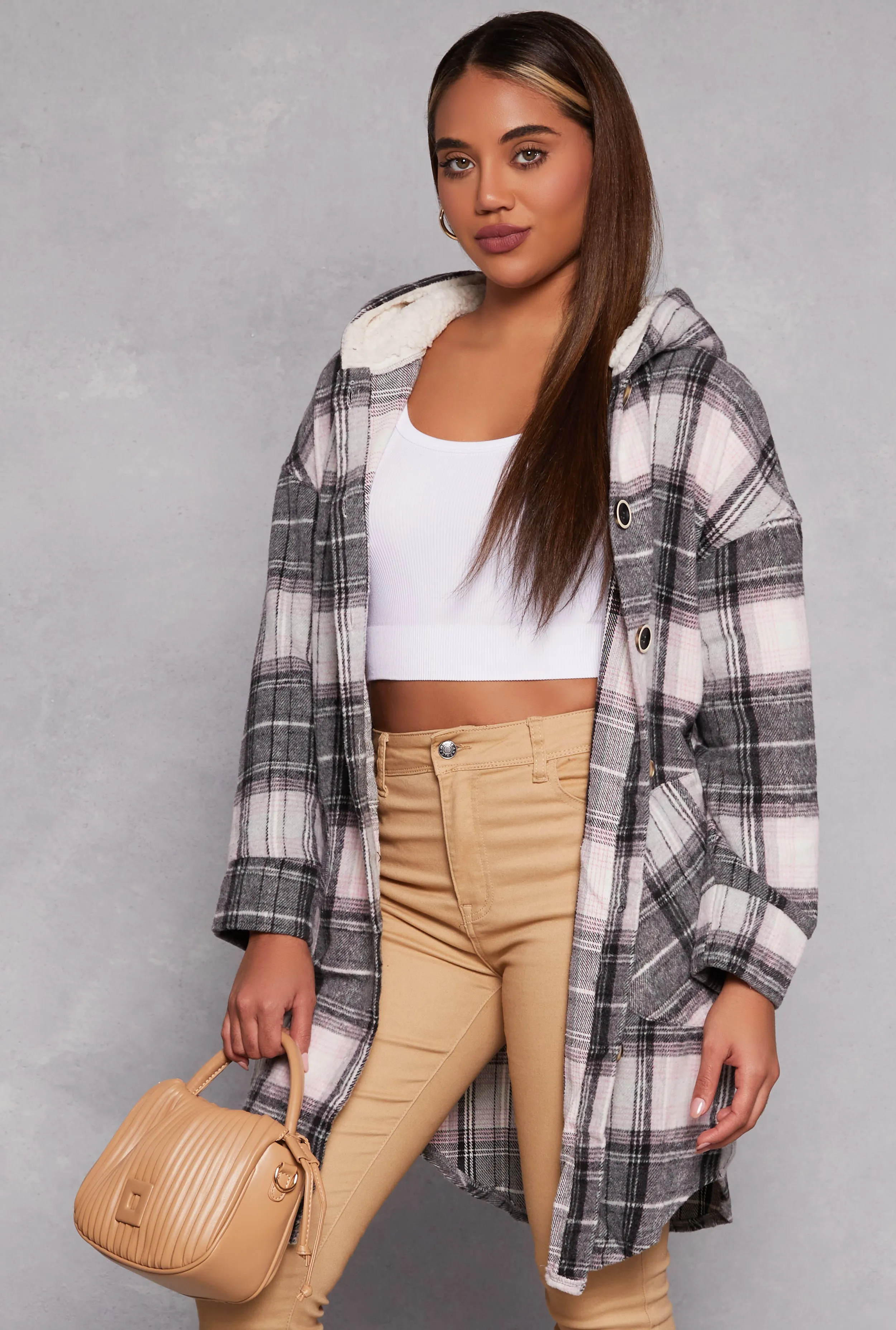 Spoon Jeans Plaid Flannel Long Hooded Shacket sold by Rainbow