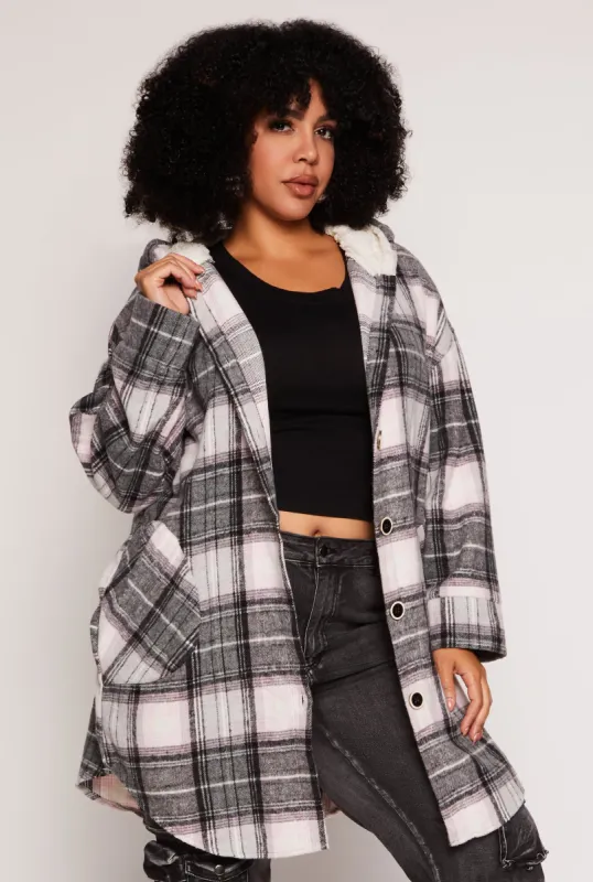 Plus Size Spoon Jeans Plaid Hooded Long Shacket sold by Rainbow