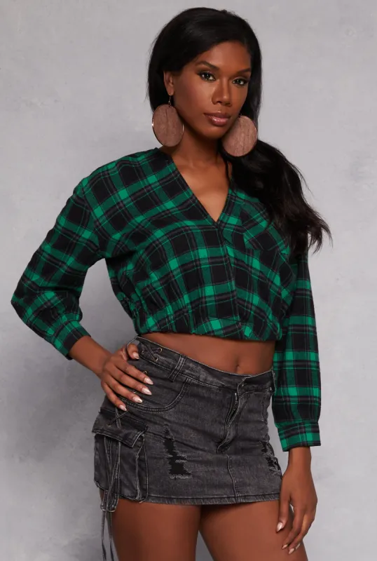 Spoon Jeans Plaid Faux Wrap Crop Top sold by Rainbow