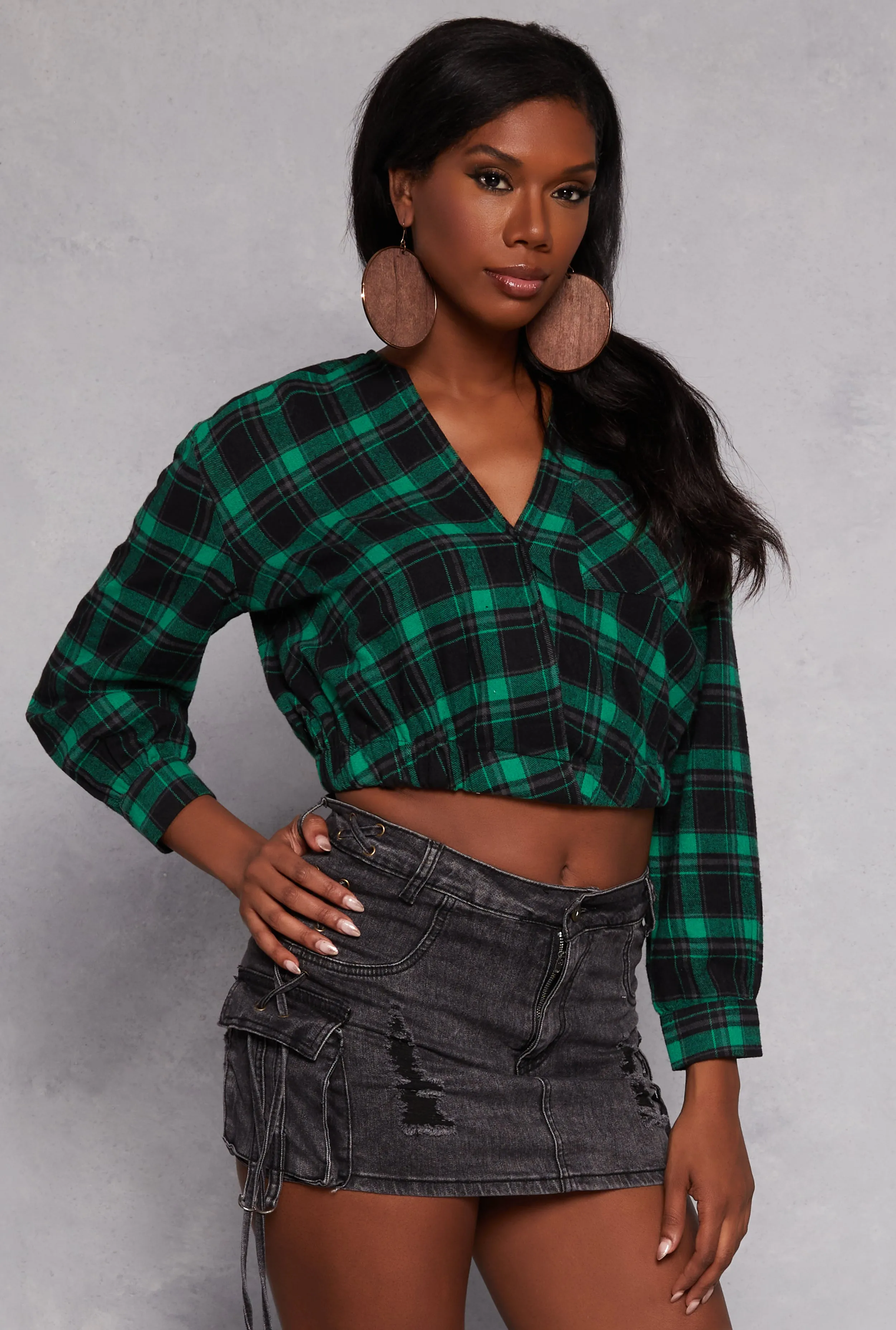 Spoon Jeans Plaid Faux Wrap Crop Top sold by Rainbow