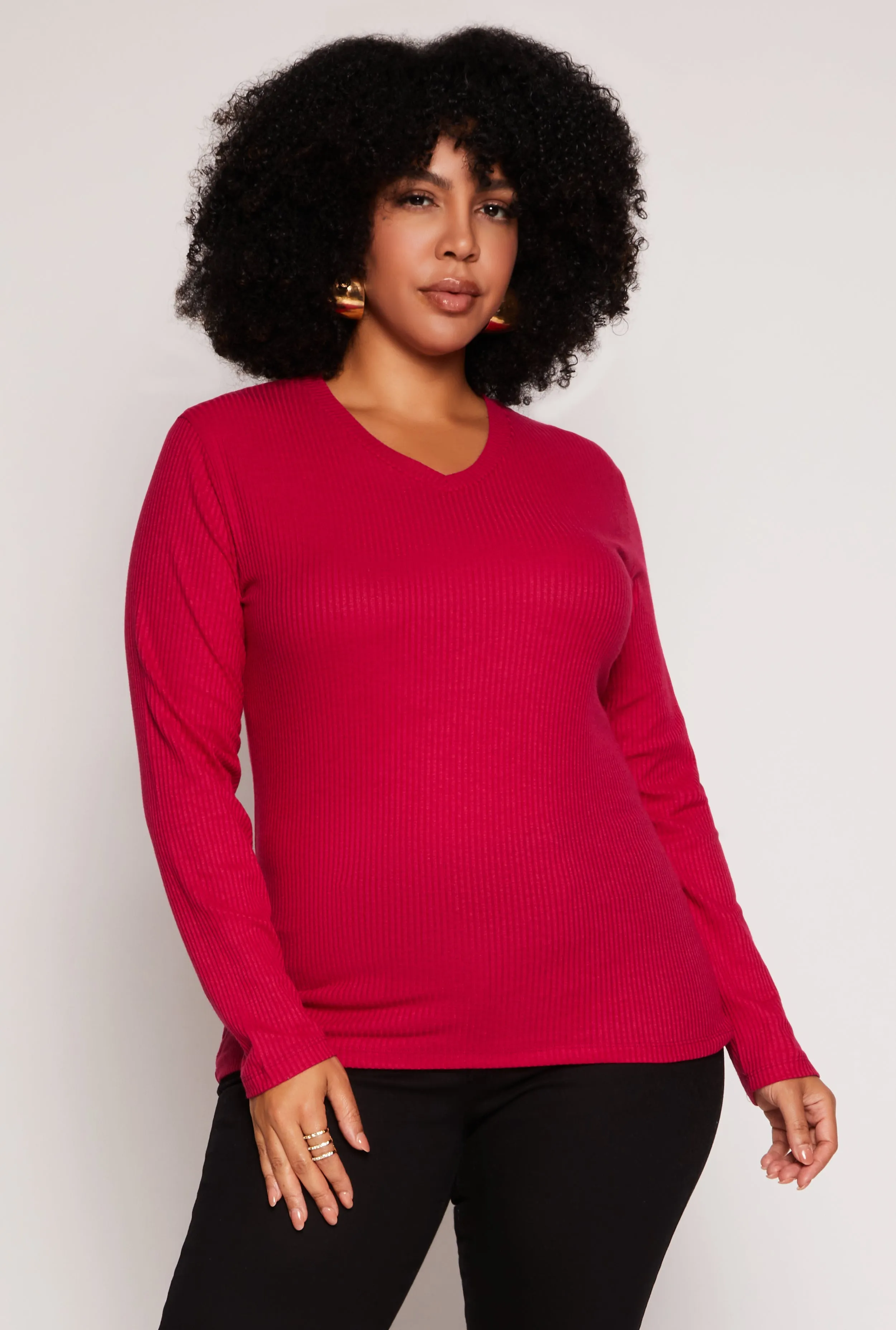Plus Size Rib Knit V Neck Long Sleeve Top sold by Rainbow