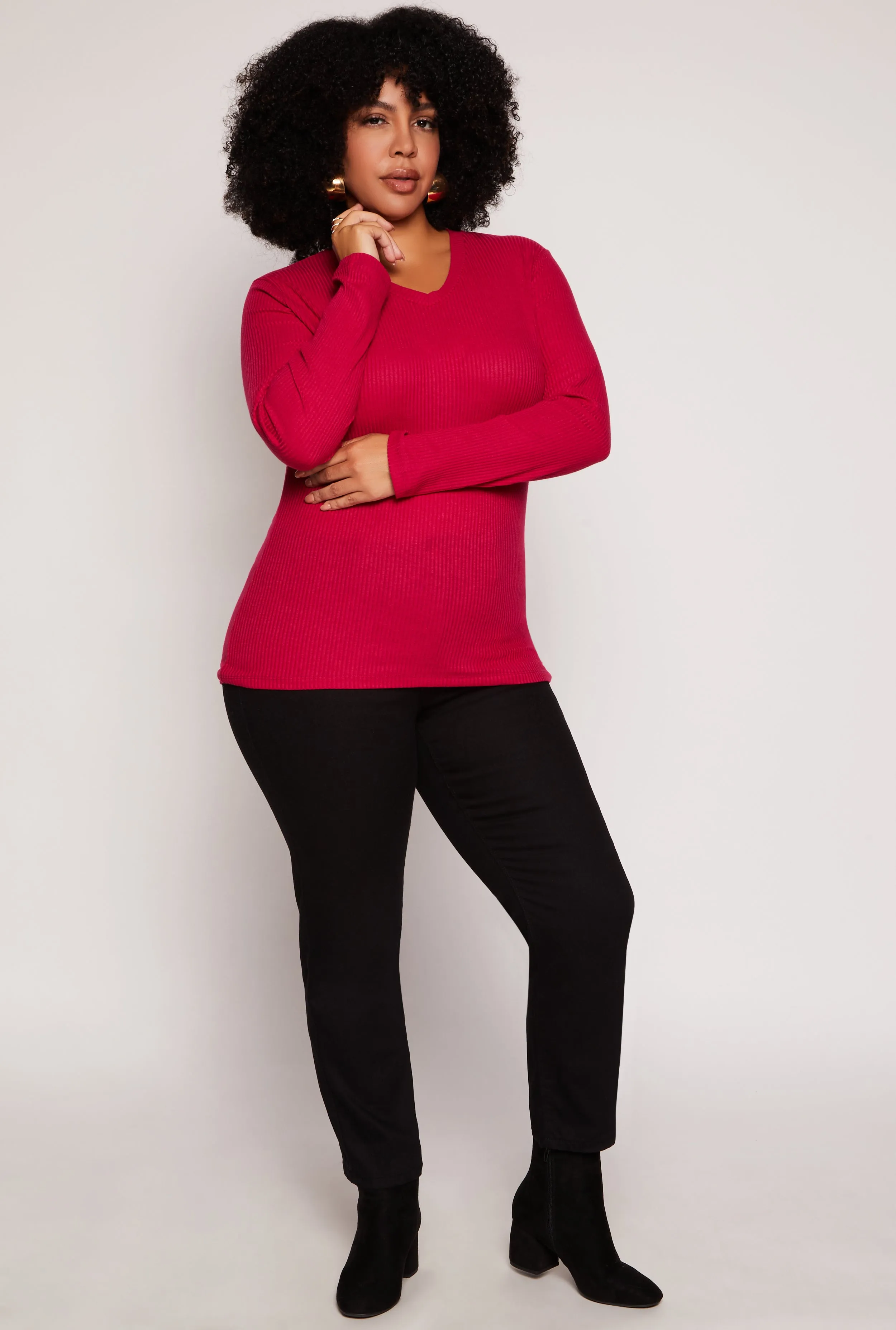 Plus Size Rib Knit V Neck Long Sleeve Top sold by Rainbow product image thumbnail 2