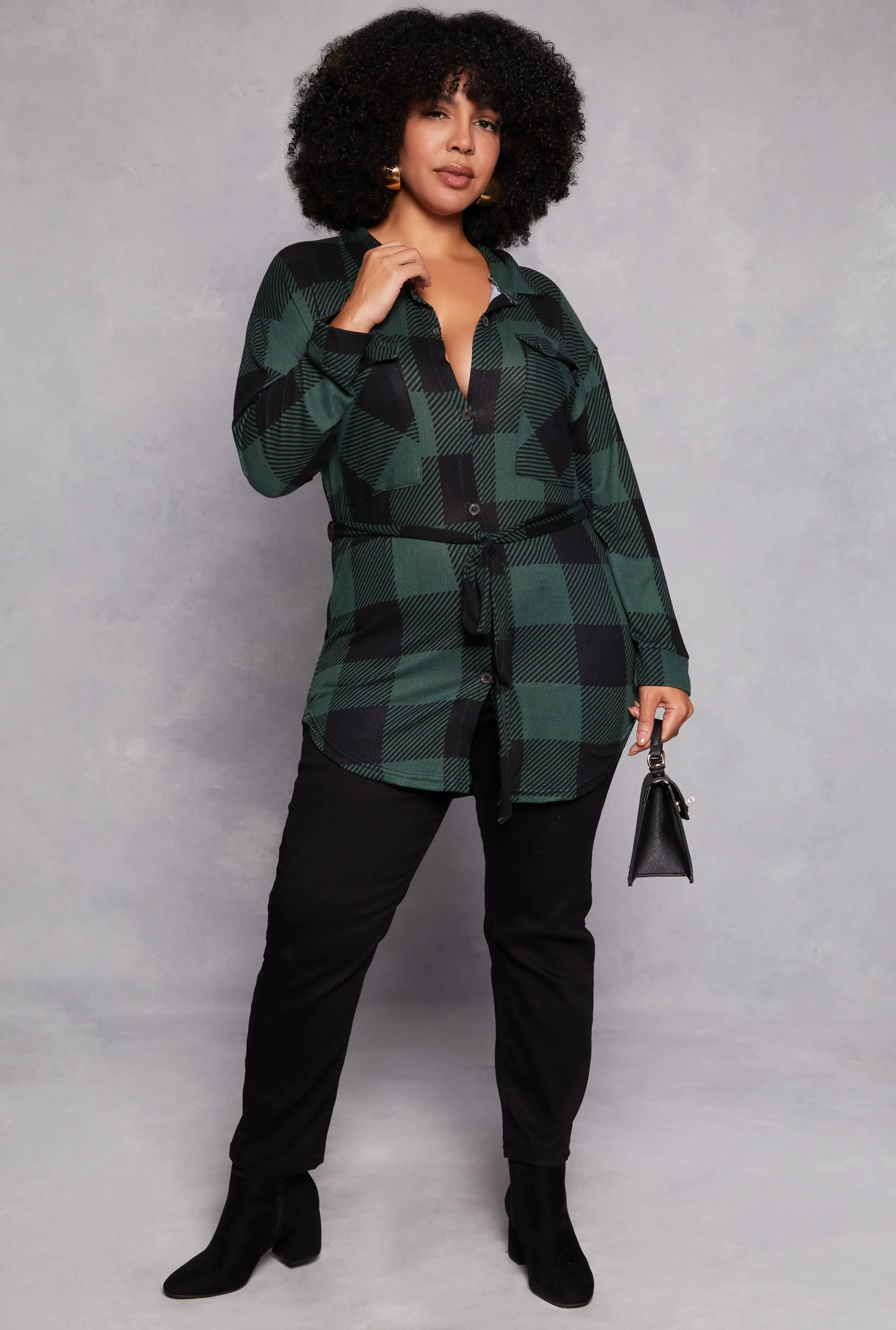 Plus Size Buffalo Plaid Tie Waist Belted Shirt sold by Rainbow product image thumbnail 2