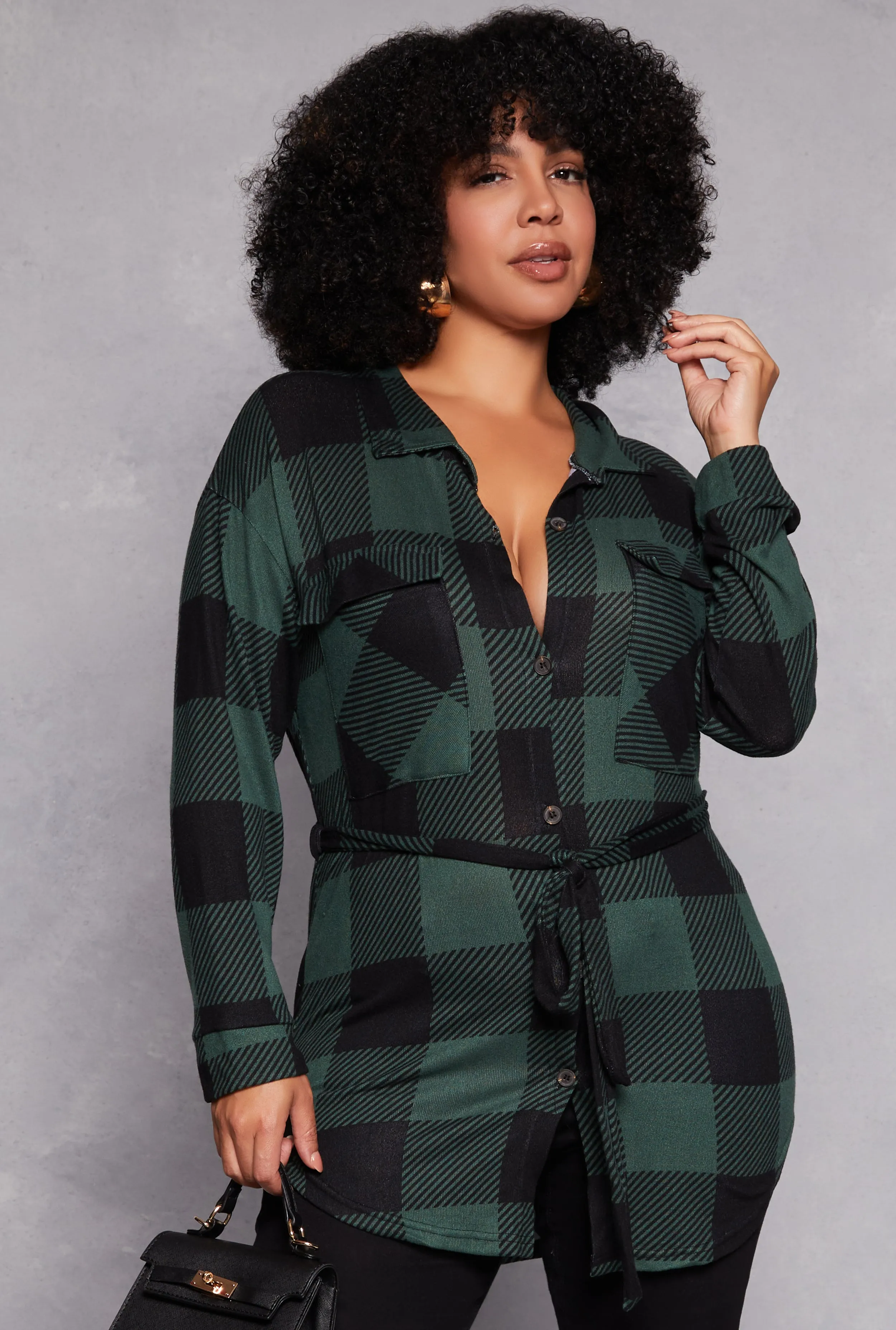 Plus Size Buffalo Plaid Tie Waist Belted Shirt sold by Rainbow