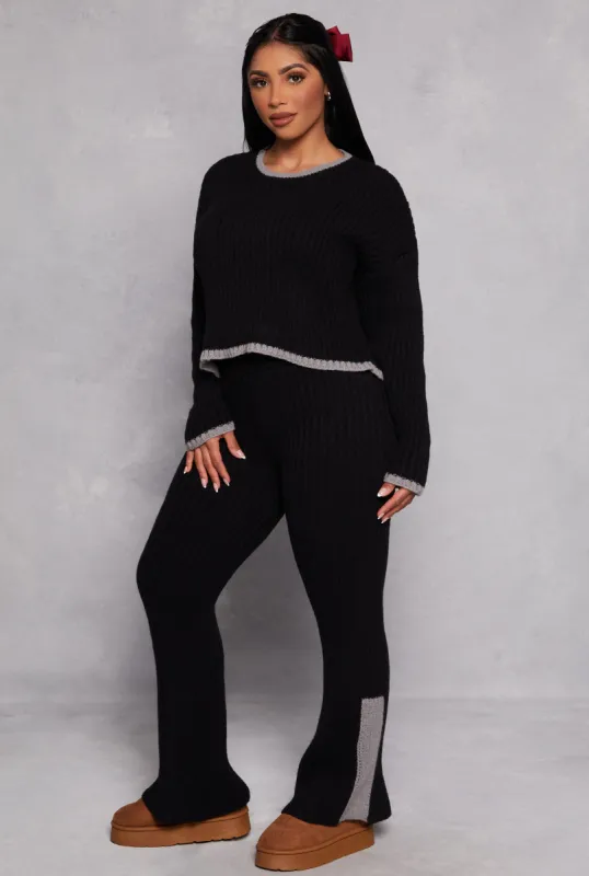 Knit Contrast Stripe High Waist Flare Pants sold by Rainbow