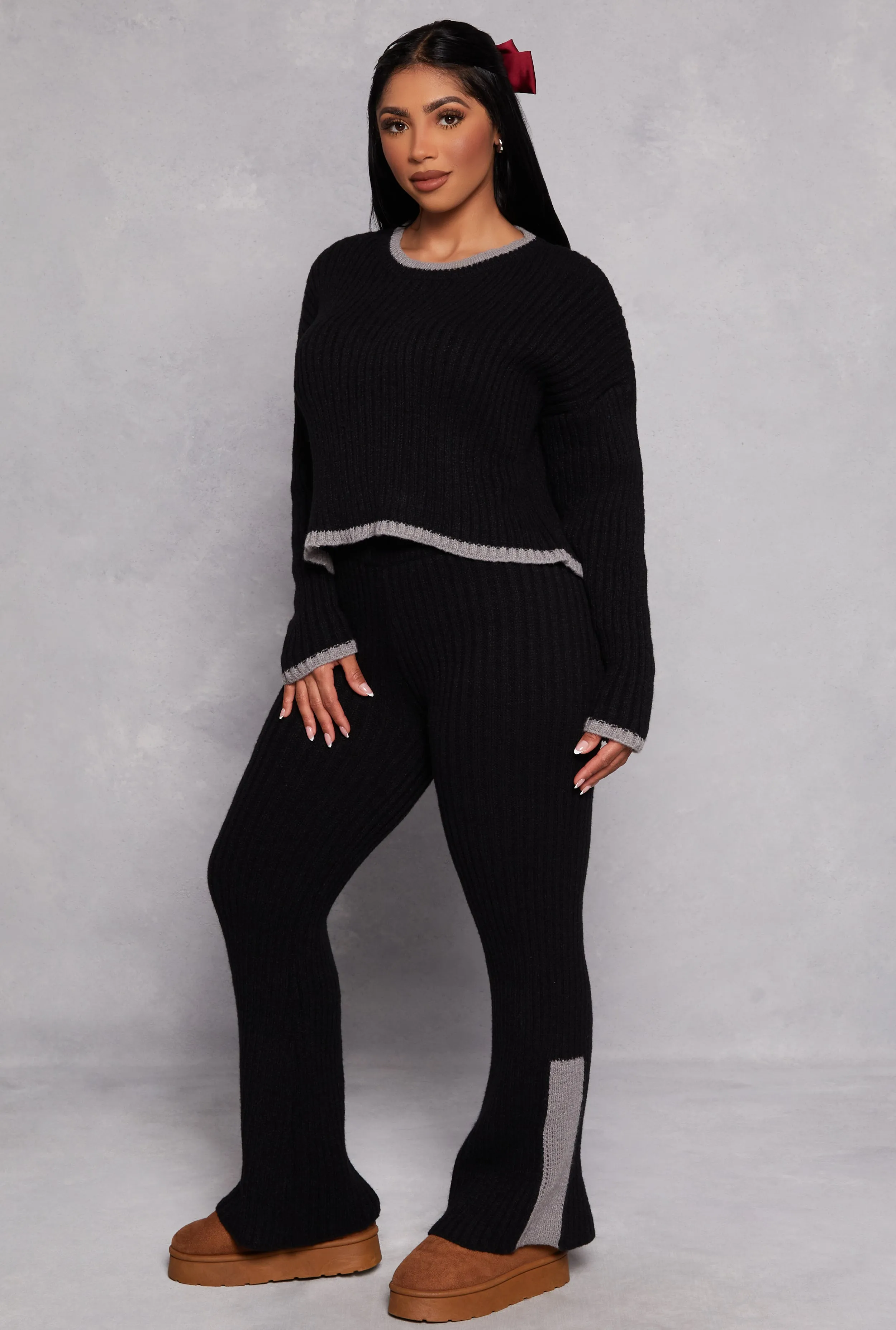 Knit Contrast Stripe High Waist Flare Pants sold by Rainbow