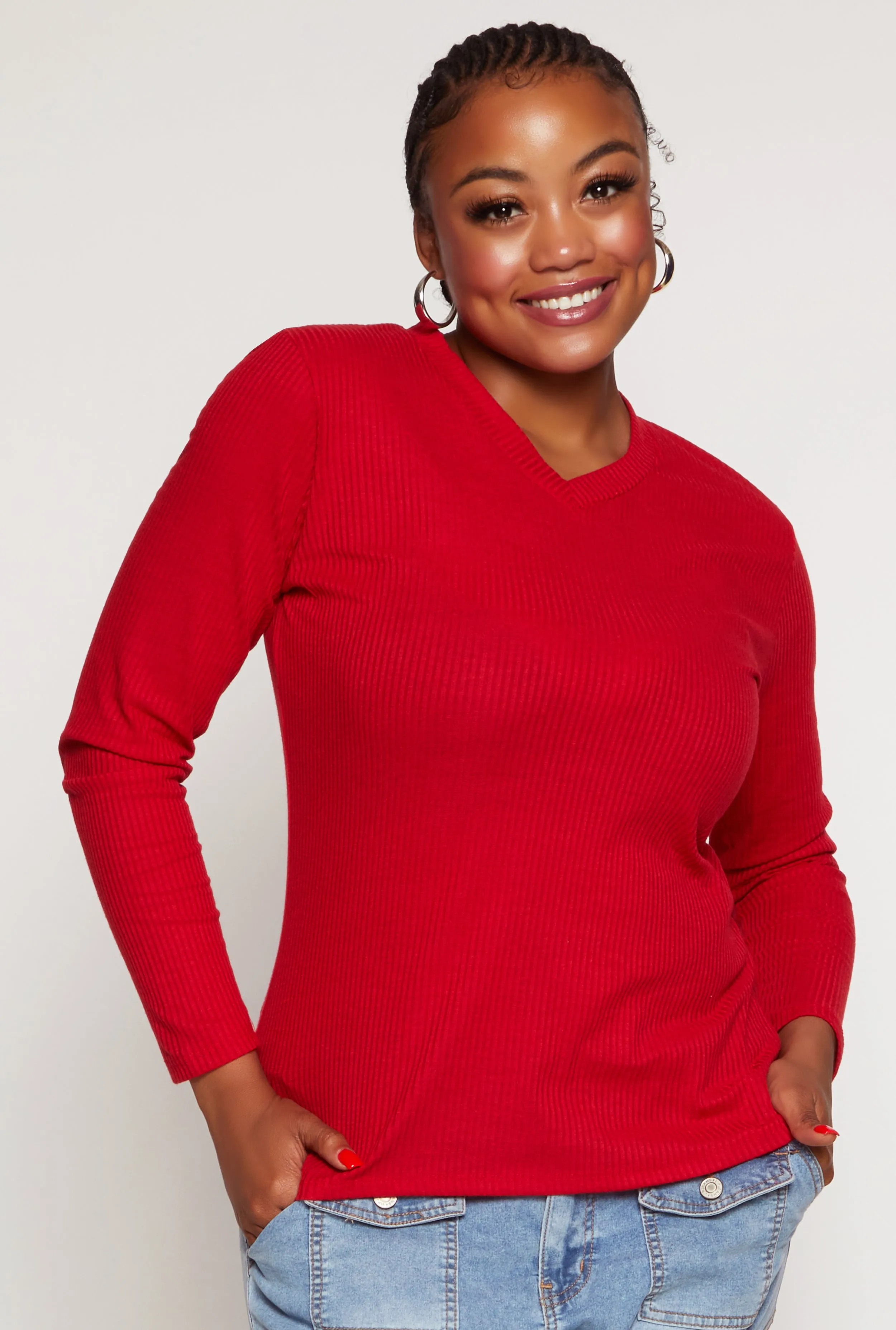 Plus Size Rib Knit V Neck Long Sleeve Top sold by Rainbow