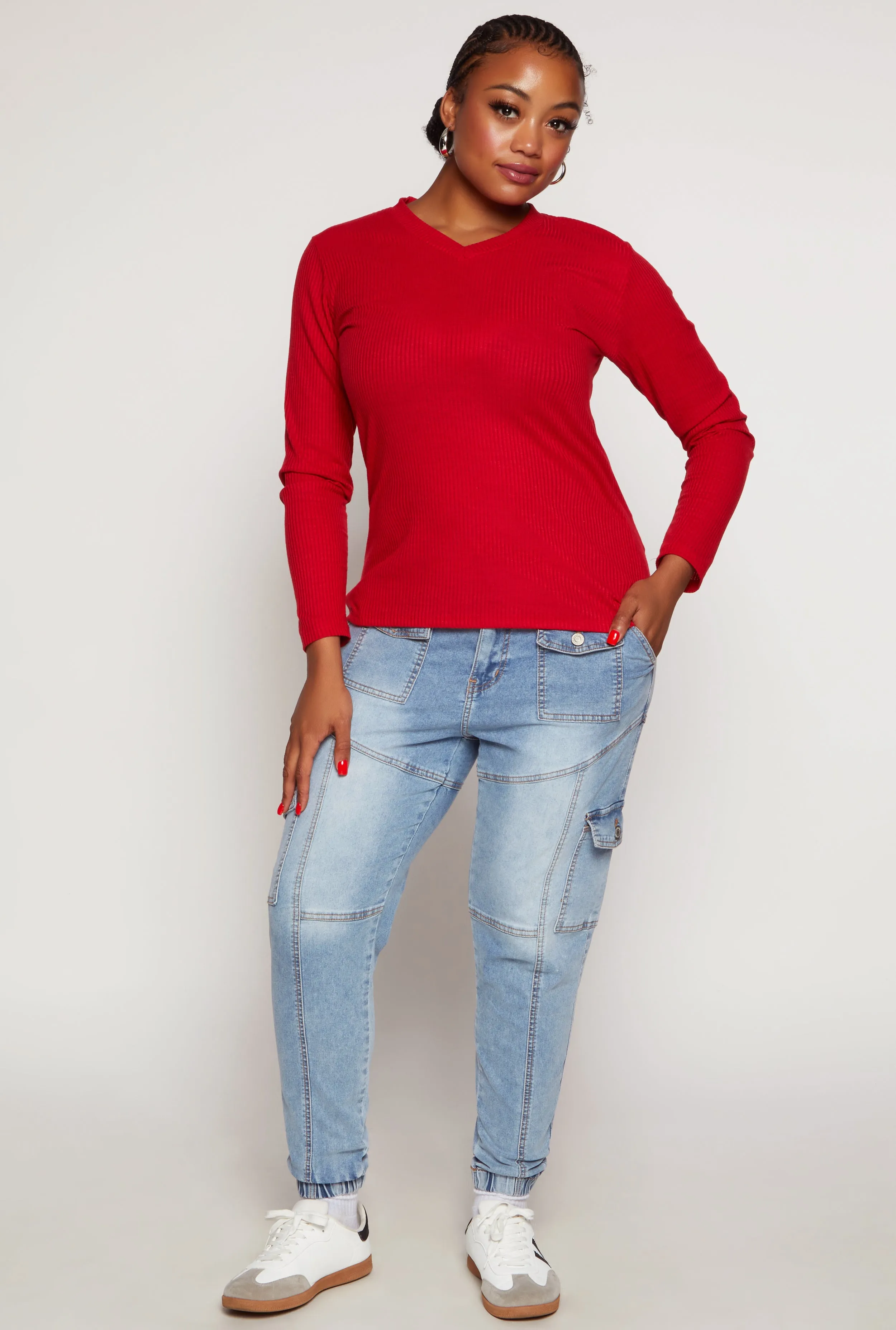 Plus Size Rib Knit V Neck Long Sleeve Top sold by Rainbow product image thumbnail 2