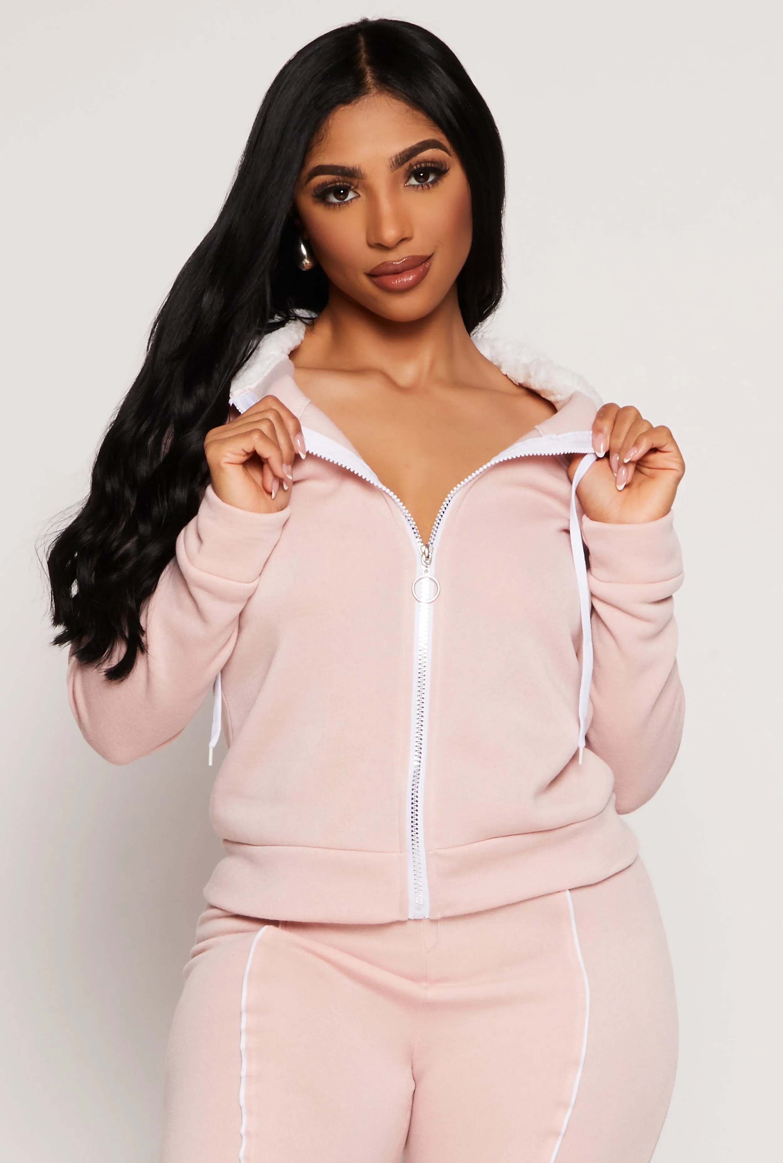 Contrast Piping Zip Sherpa Hooded Sweatshirt sold by Rainbow