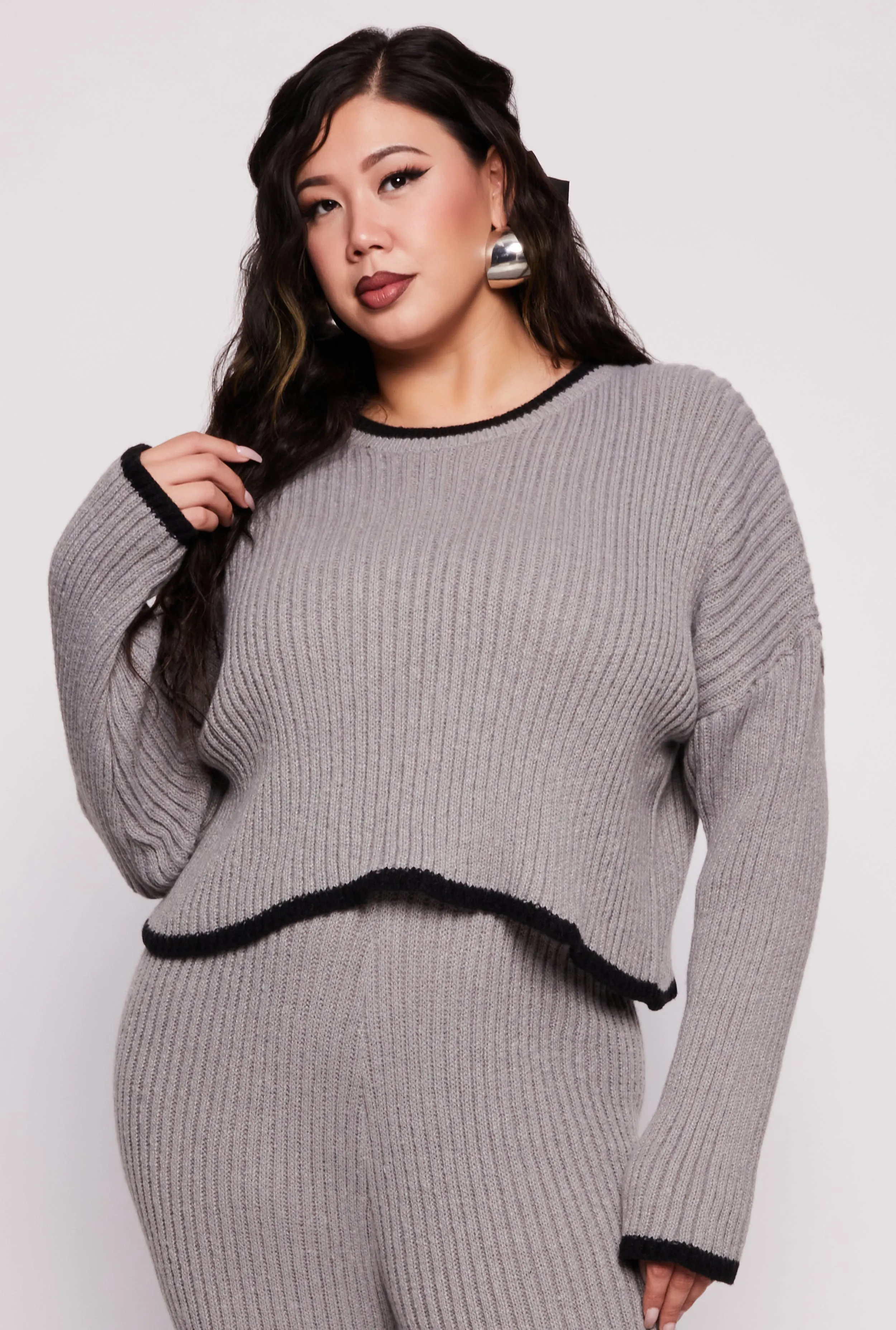 Plus Size Contrast Trim Knit Sweater sold by Rainbow