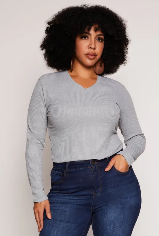 Plus Size Rib Knit V Neck Long Sleeve Top sold by Rainbow