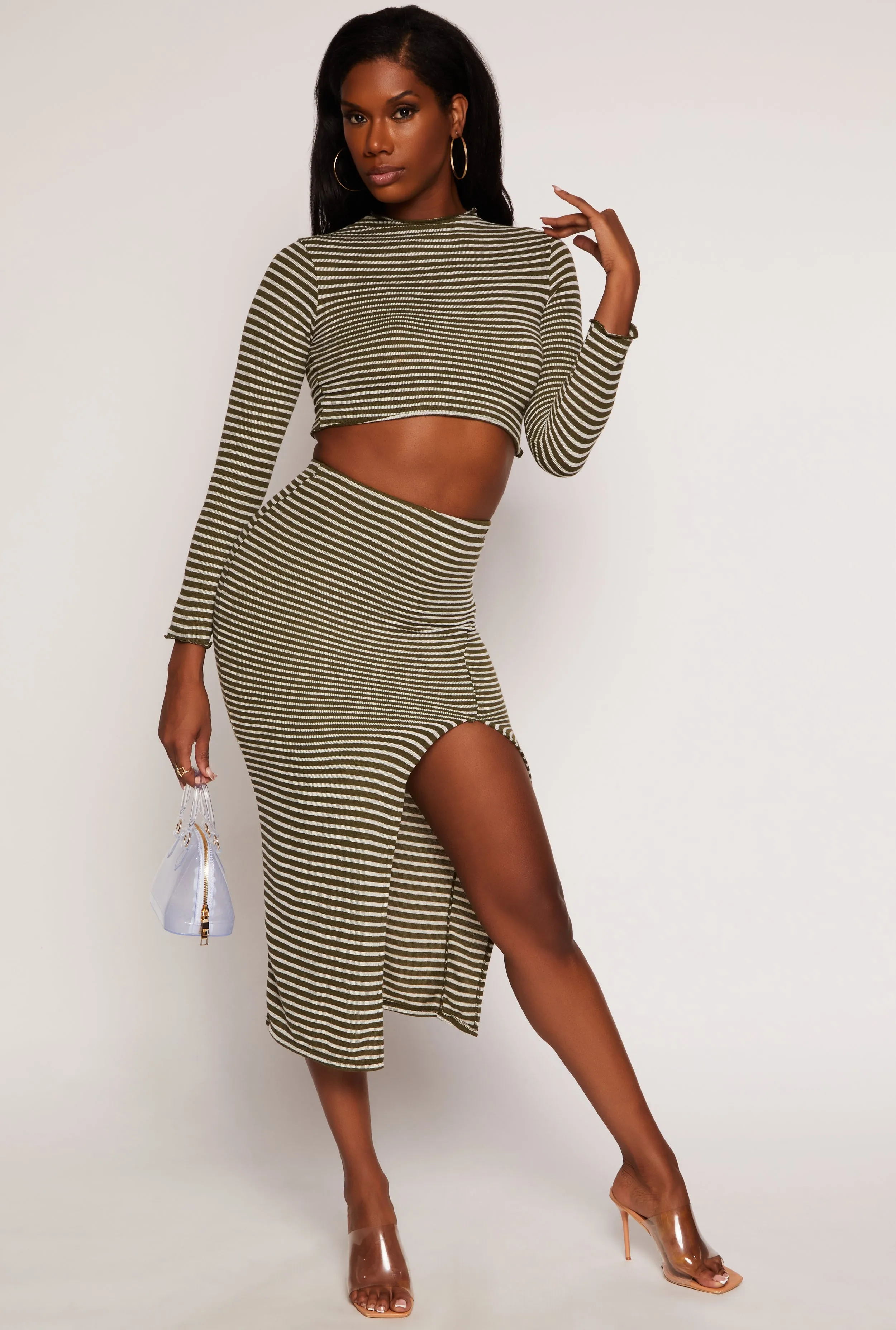 Ribbed Knit Striped Side Slit Midi Skirt sold by Rainbow