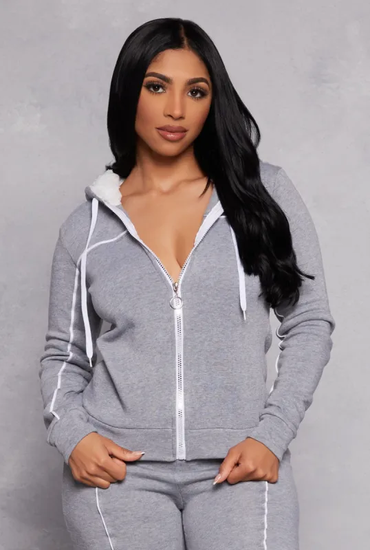 Contrast Piping Zip Sherpa Hooded Sweatshirt sold by Rainbow