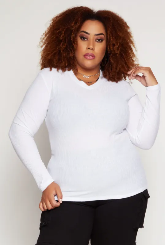 Plus Size Rib Knit V Neck Long Sleeve Top sold by Rainbow