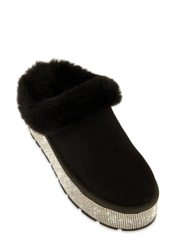 Faux Fur Lined Rhinestone Platform Clogs sold by Rainbow