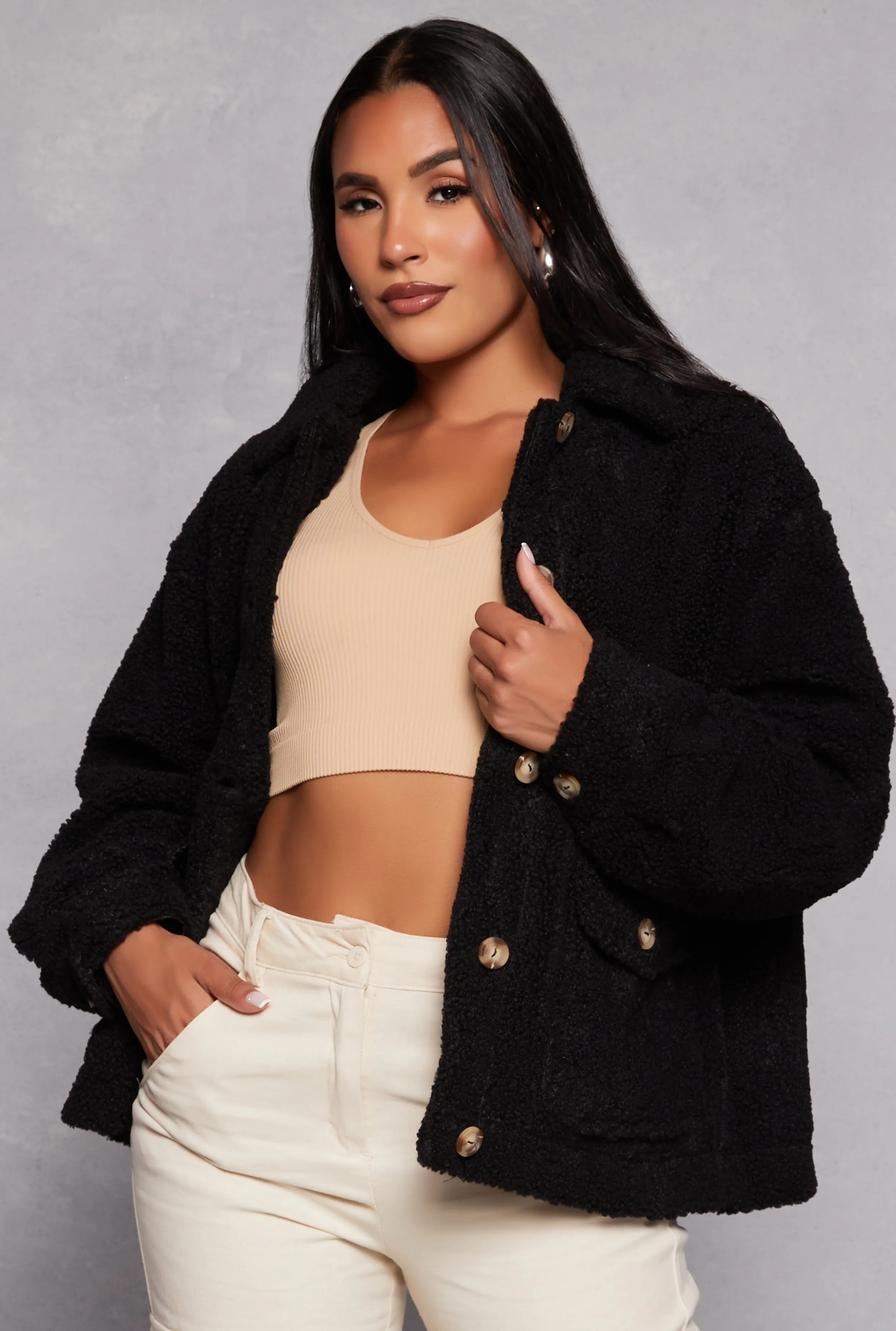 Ambiance Sherpa Teddy Shacket sold by Rainbow