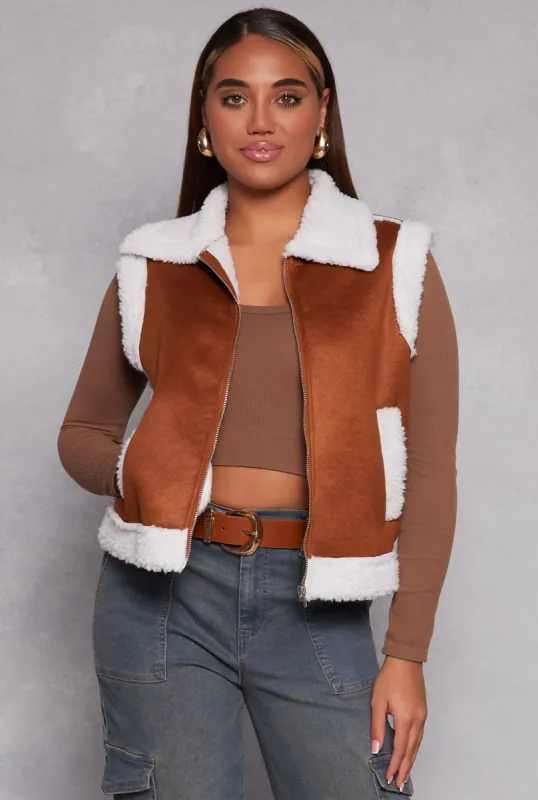 Faux Suede Sherpa Lined Zip Front Vest sold by Rainbow