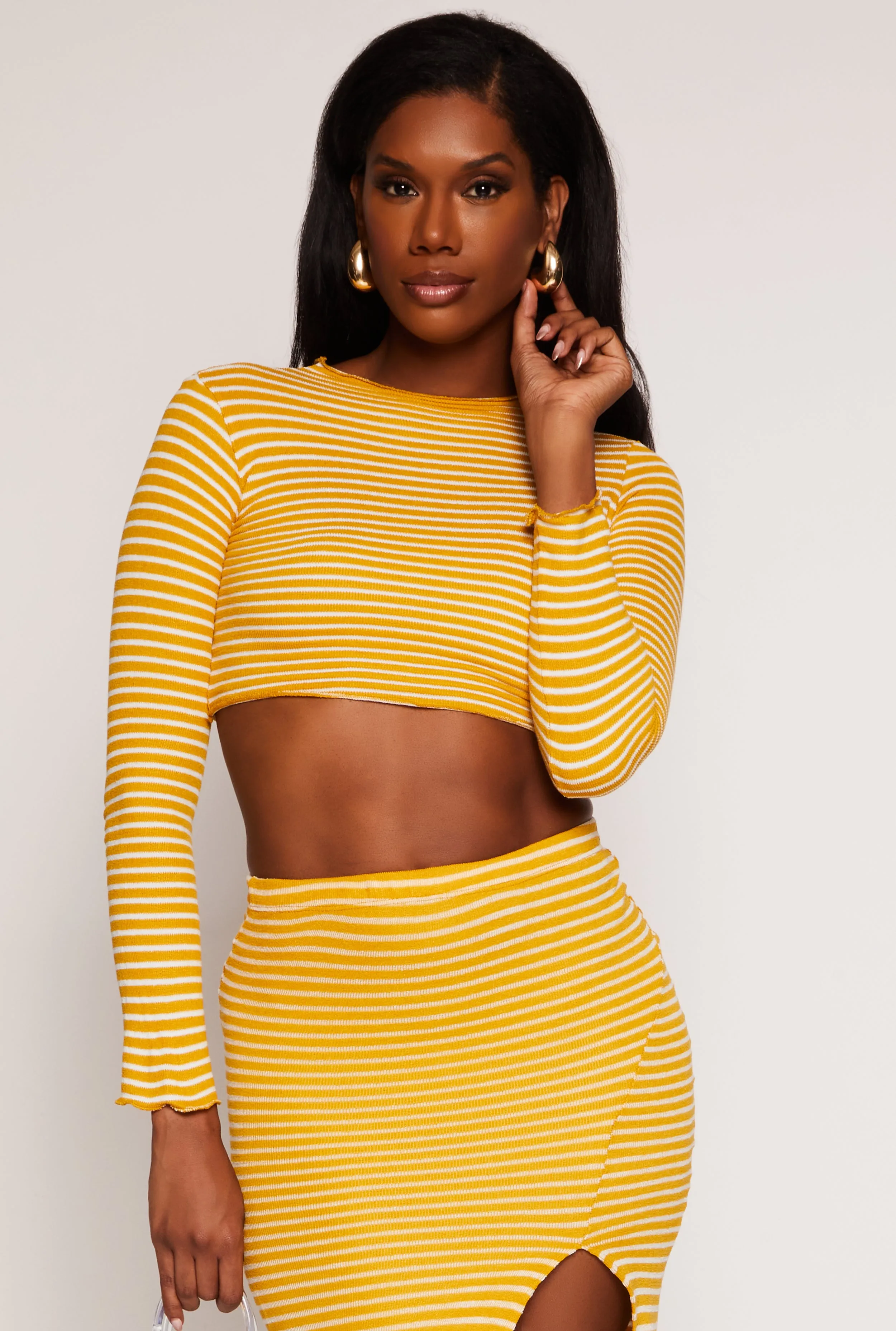 Striped Rib Knit Lettuce Edge Crop Top sold by Rainbow