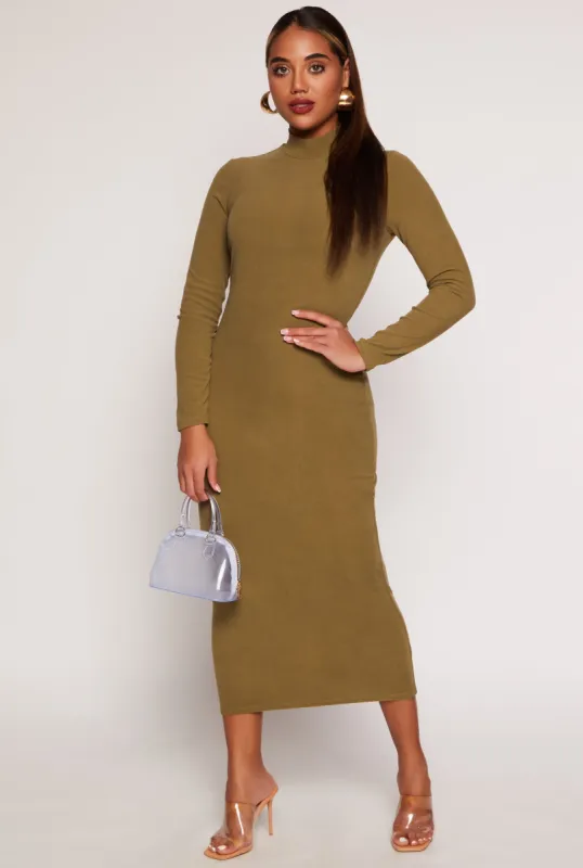 Ribbed Mock Neck Long Sleeve Midi Dress sold by Rainbow
