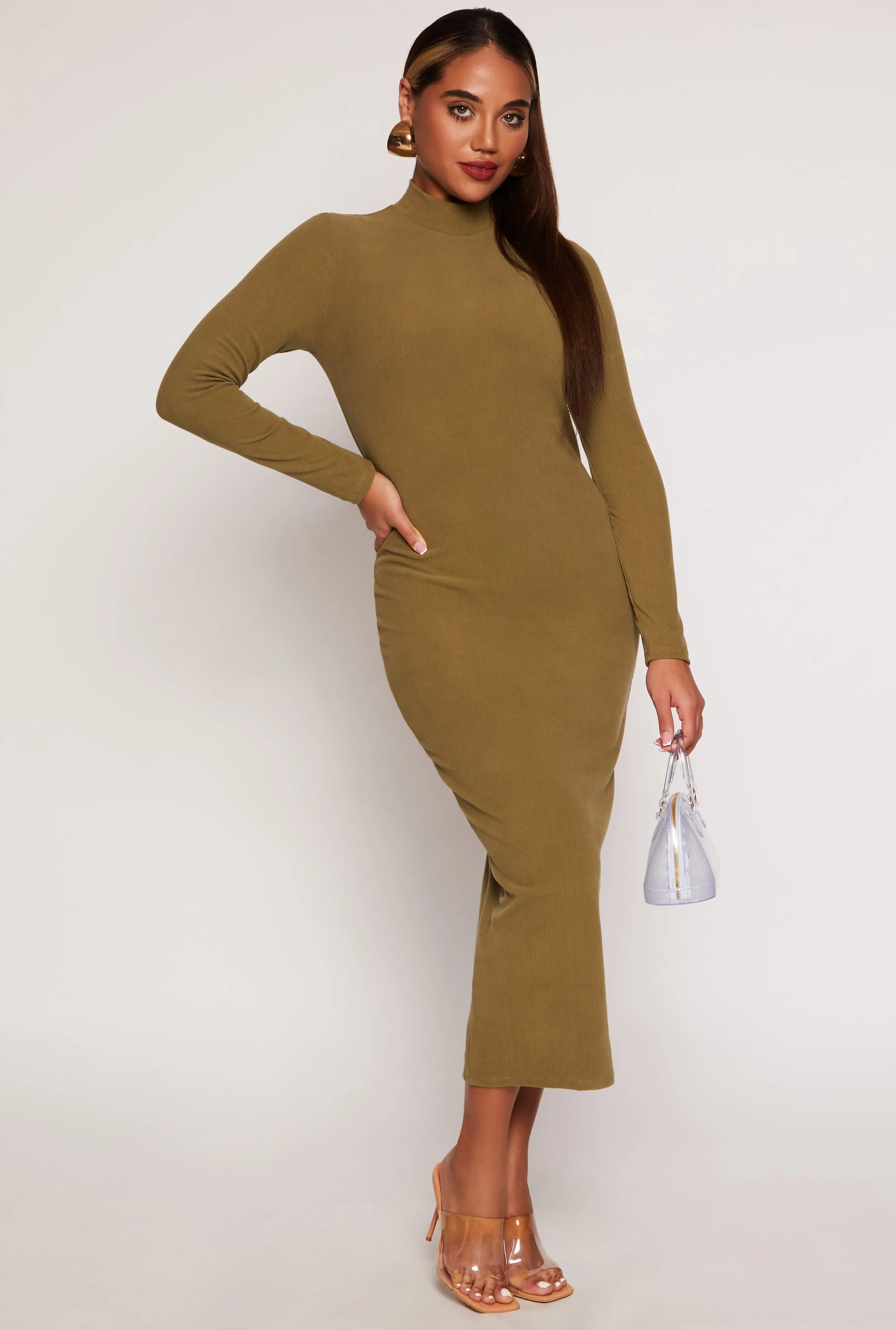 Ribbed Mock Neck Long Sleeve Midi Dress sold by Rainbow product image thumbnail 2