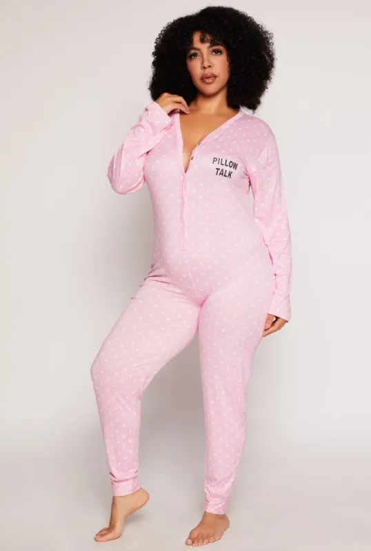 Plus Size Pillow Talk Polka Dot Button Front Pajama Jumpsuit sold by Rainbow