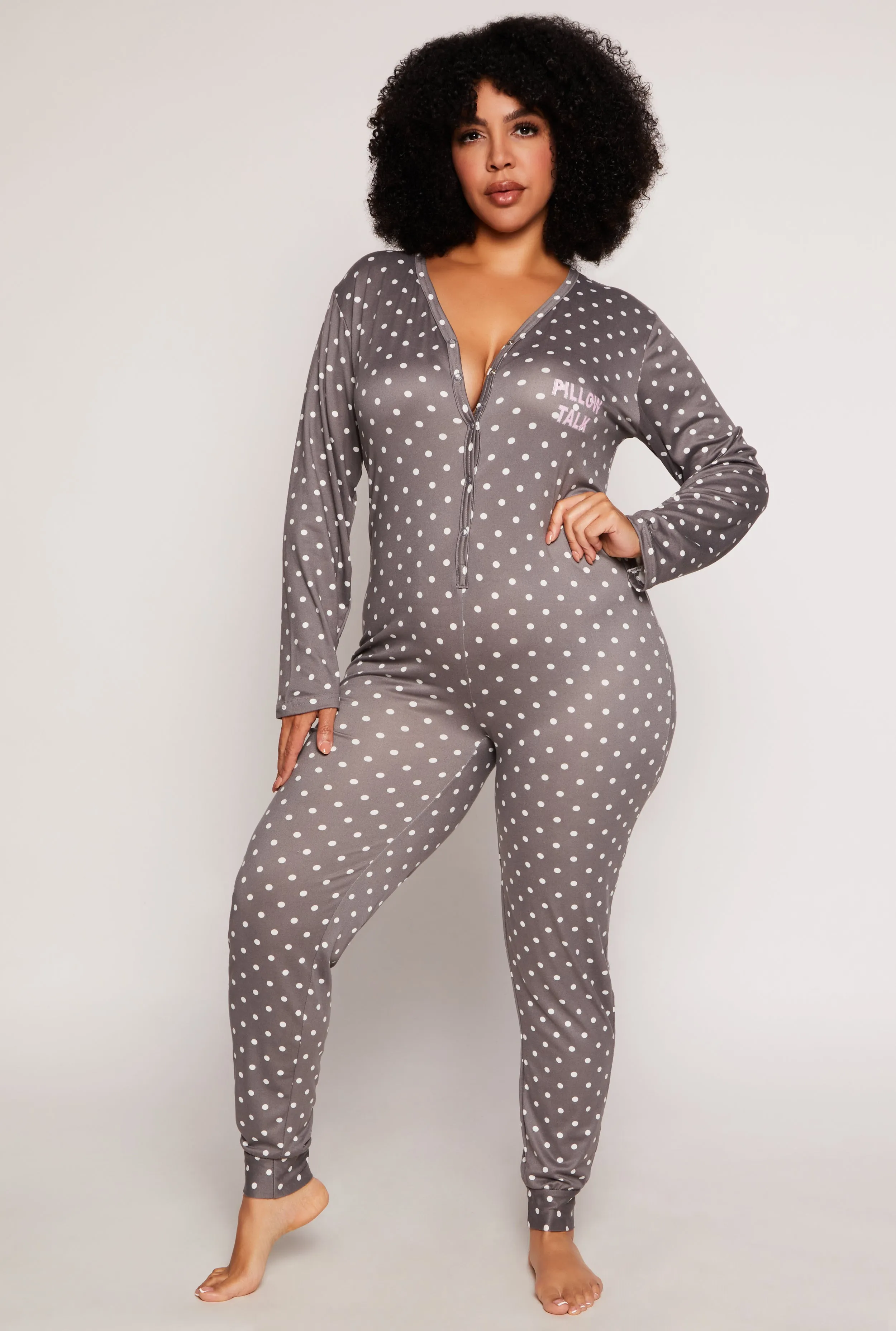 Plus Size Pillow Talk Polka Dot Button Front Pajama Jumpsuit sold by Rainbow