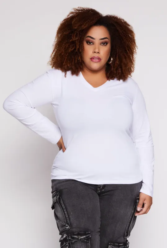 Plus Size Long Sleeve V Neck T Shirt sold by Rainbow