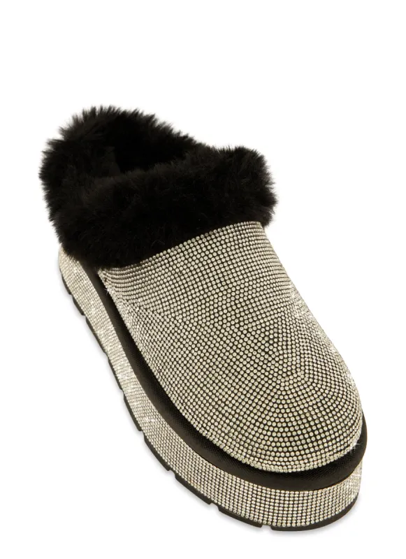 Faux Fur Rhinestone Platform Clogs sold by Rainbow