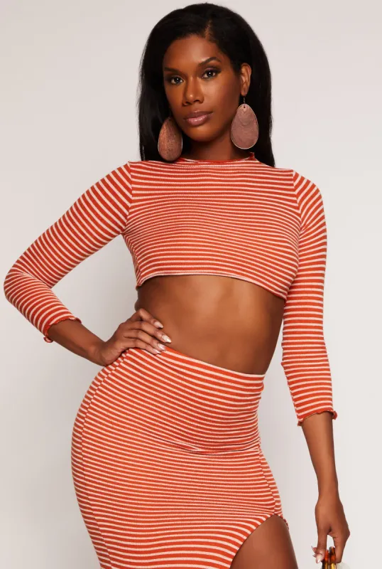 Striped Rib Knit Lettuce Edge Crop Top sold by Rainbow