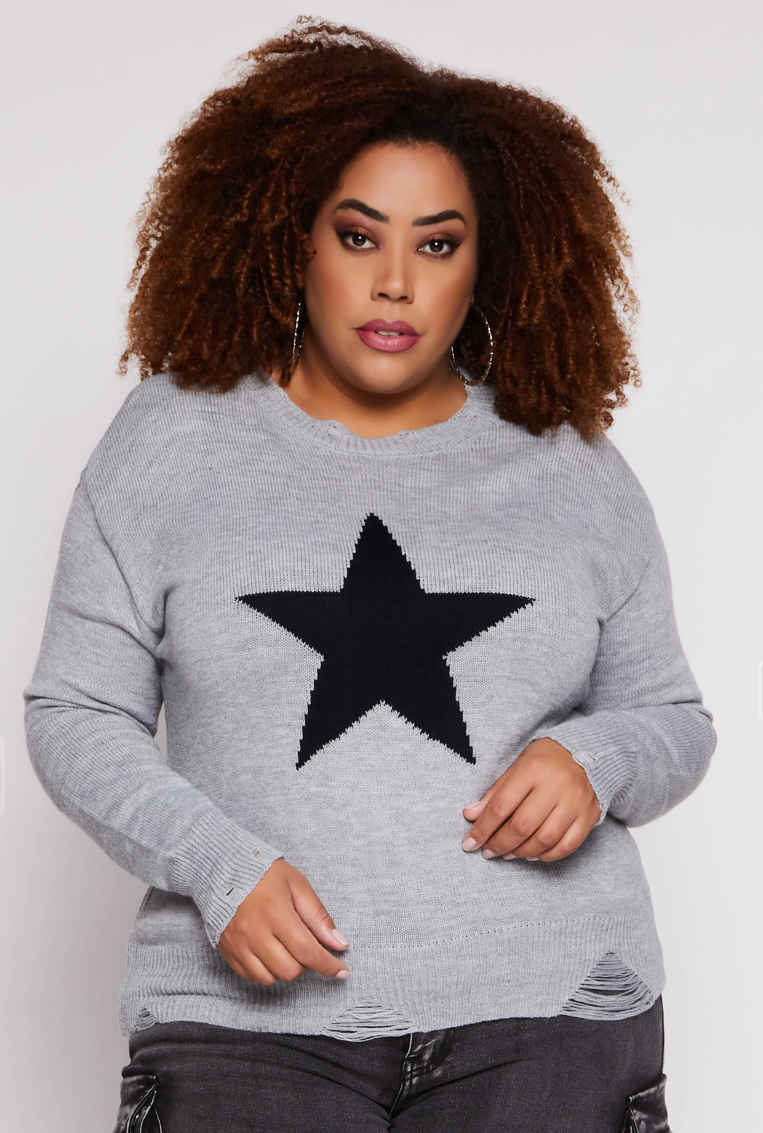 Plus Size Star Distressed Sweater sold by Rainbow