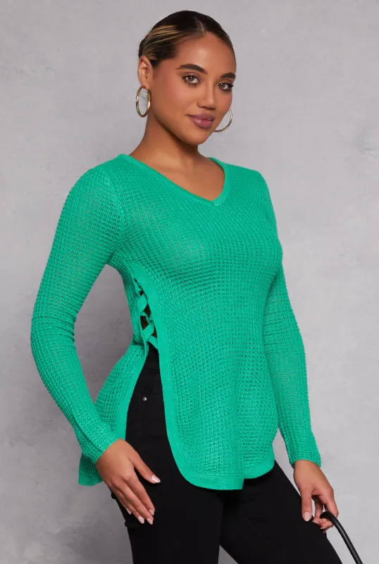 Waffle Knit V Neck Caged Side Sweater sold by Rainbow