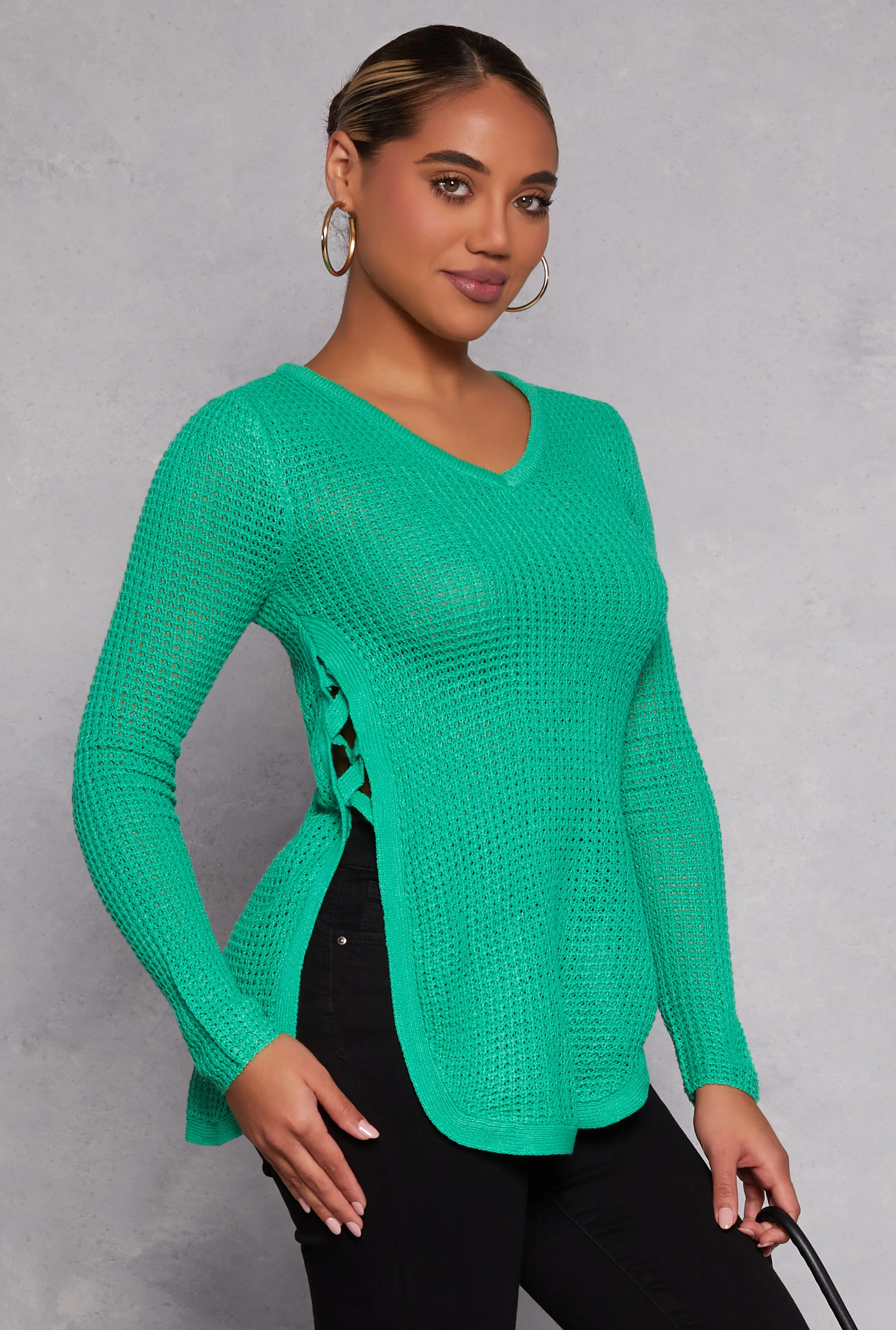 Waffle Knit V Neck Caged Side Sweater sold by Rainbow