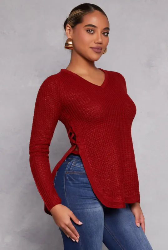 Waffle Knit V Neck Caged Side Sweater sold by Rainbow