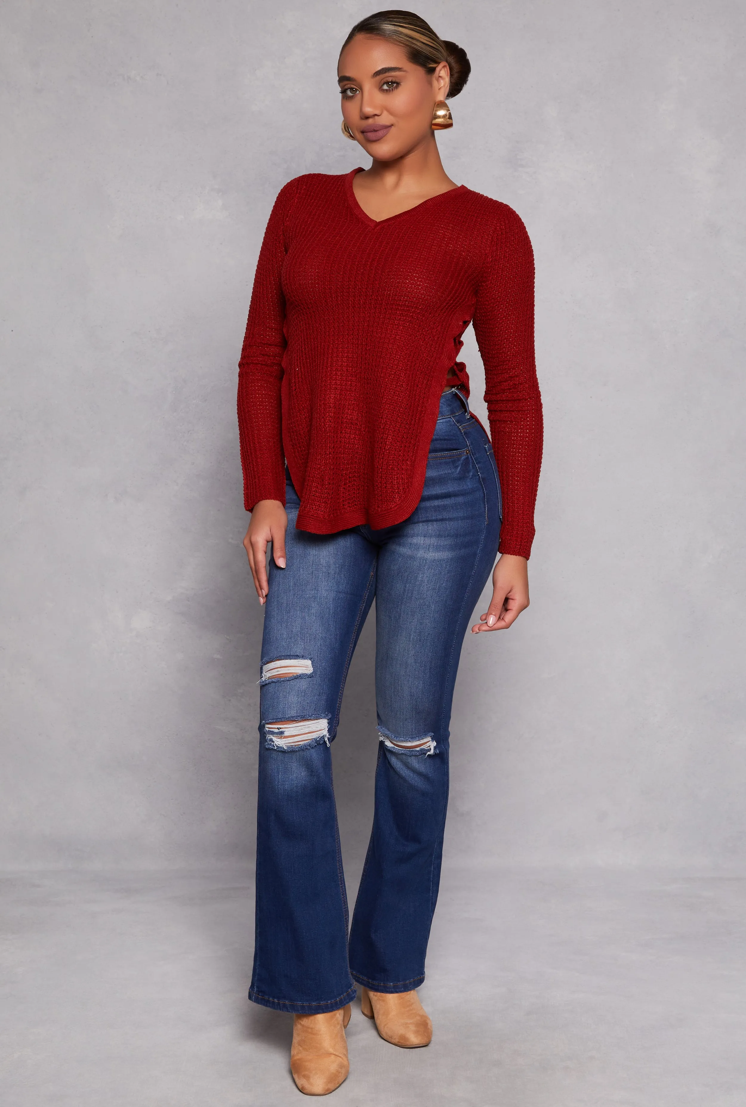 Waffle Knit V Neck Caged Side Sweater sold by Rainbow product image thumbnail 2