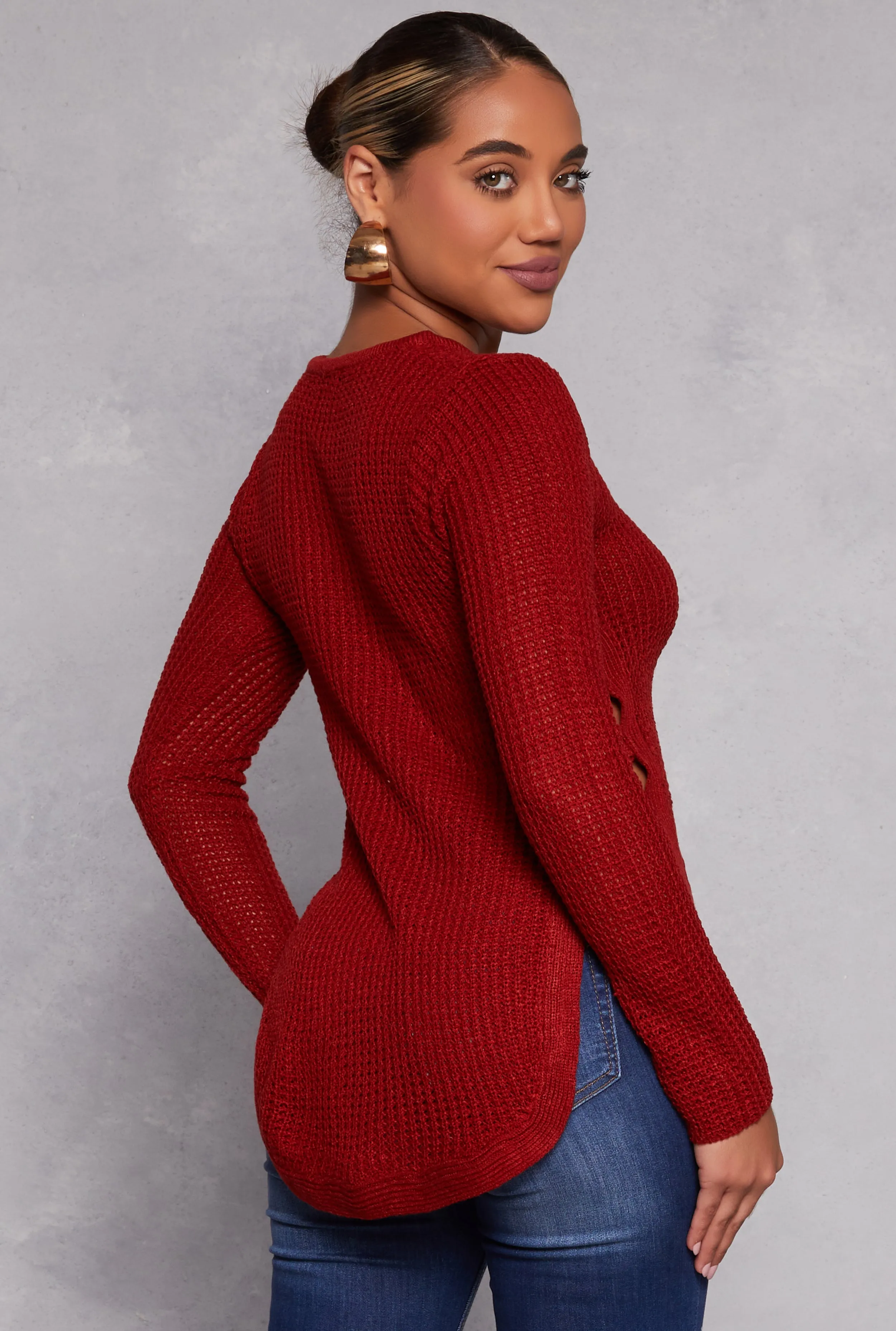 Waffle Knit V Neck Caged Side Sweater sold by Rainbow product image thumbnail 3